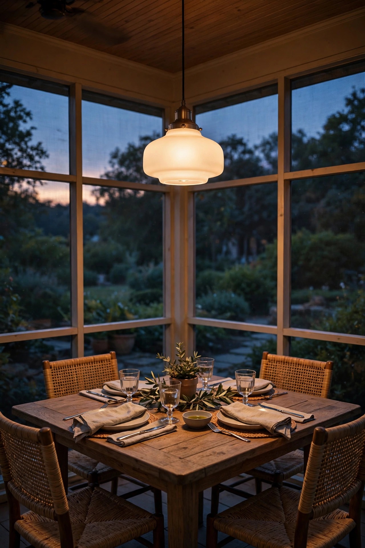 Pendant light with frosted shade pooling warm light over a screened porch dining table at night