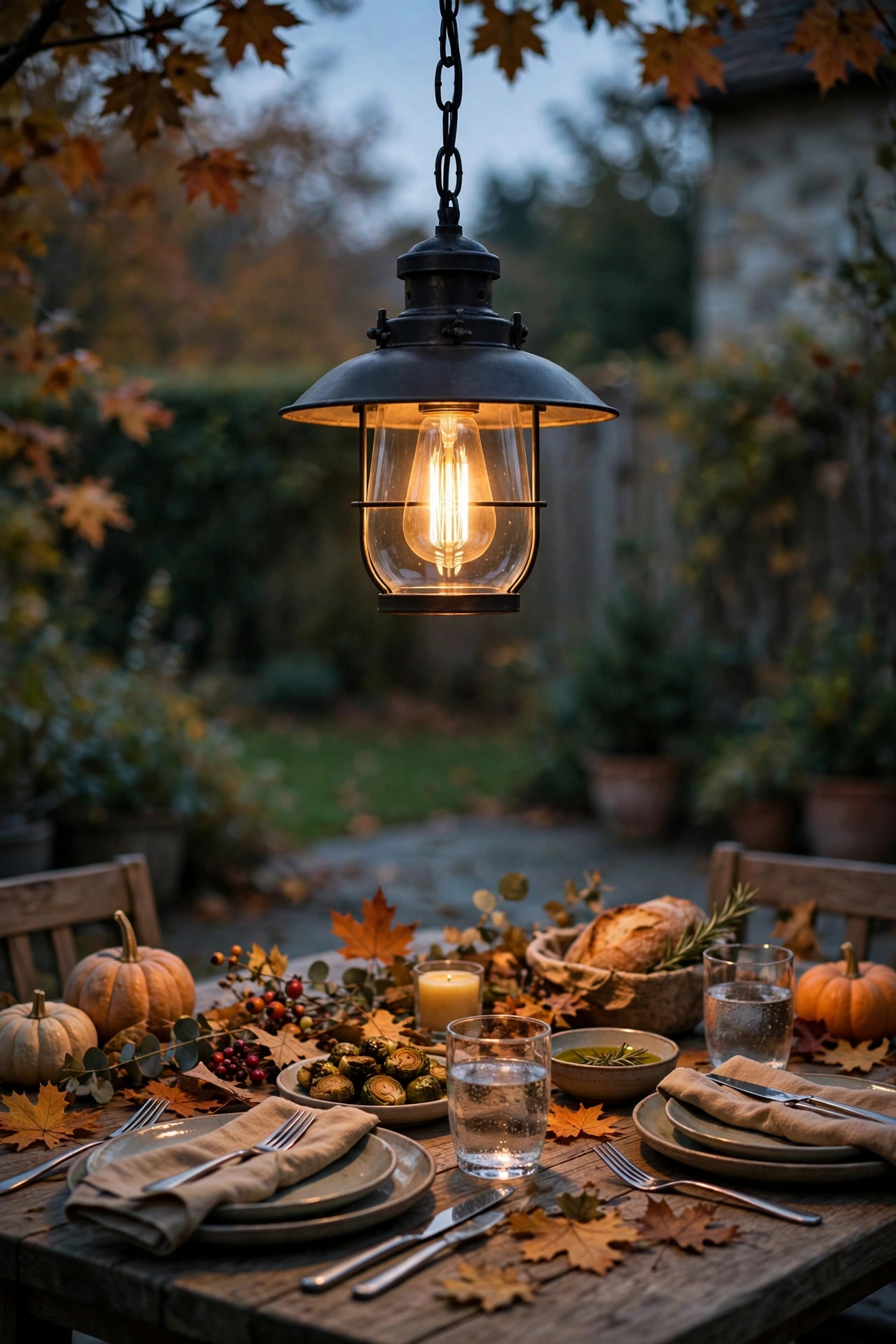Weather-rated pendant light with a warm filament bulb hanging over an outdoor dining table set for a fall dinner