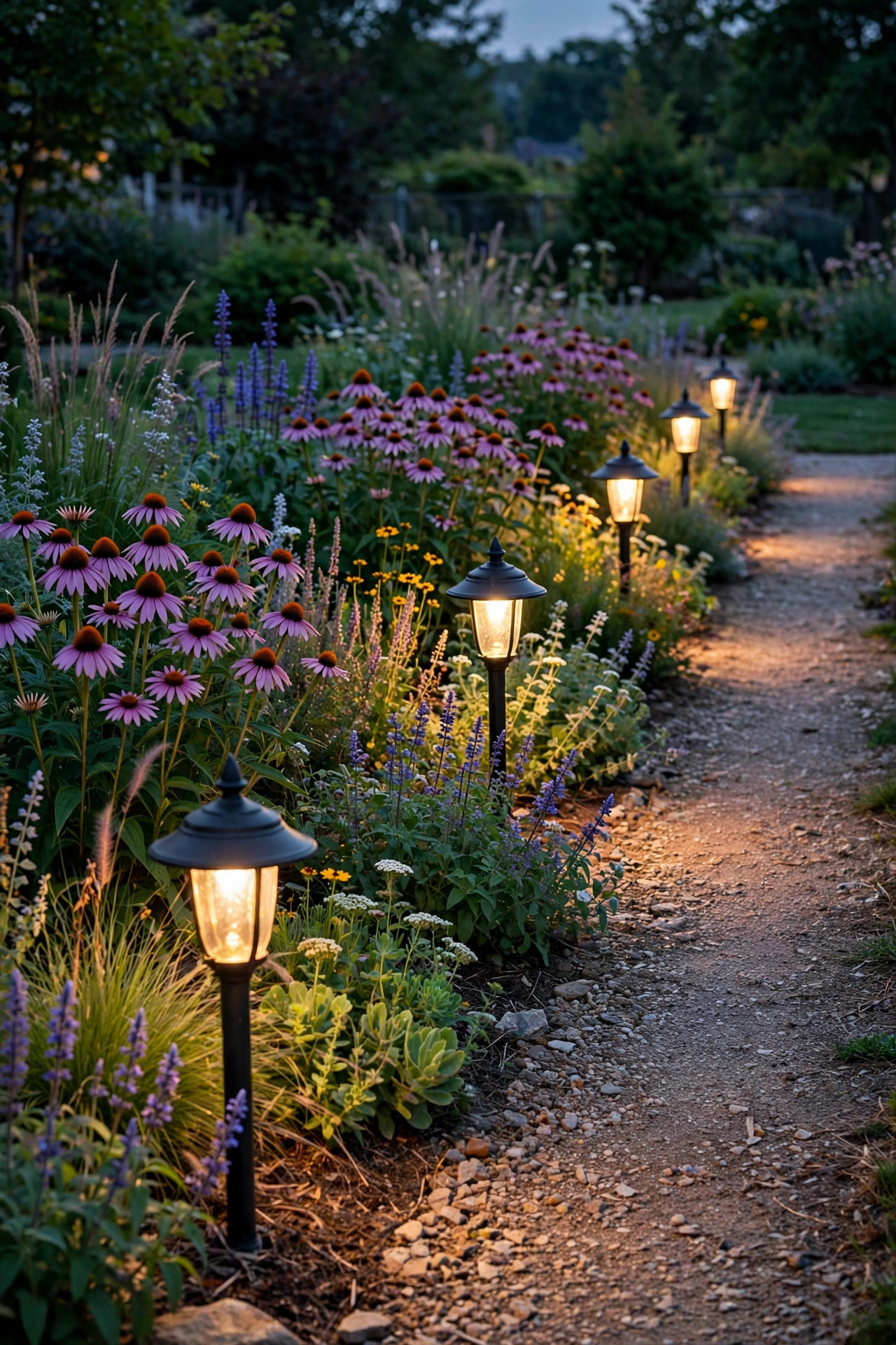 Classic eighteen-inch path lights evenly spaced along a mixed perennial border with coneflowers at dusk