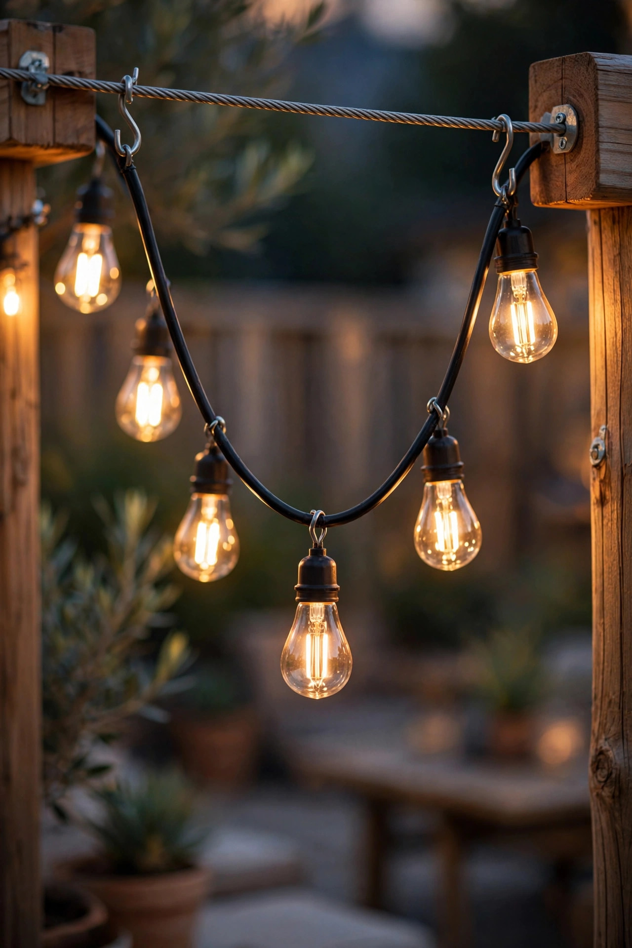 Close-up of string lights with a perfect swag dip between two anchor points on a patio