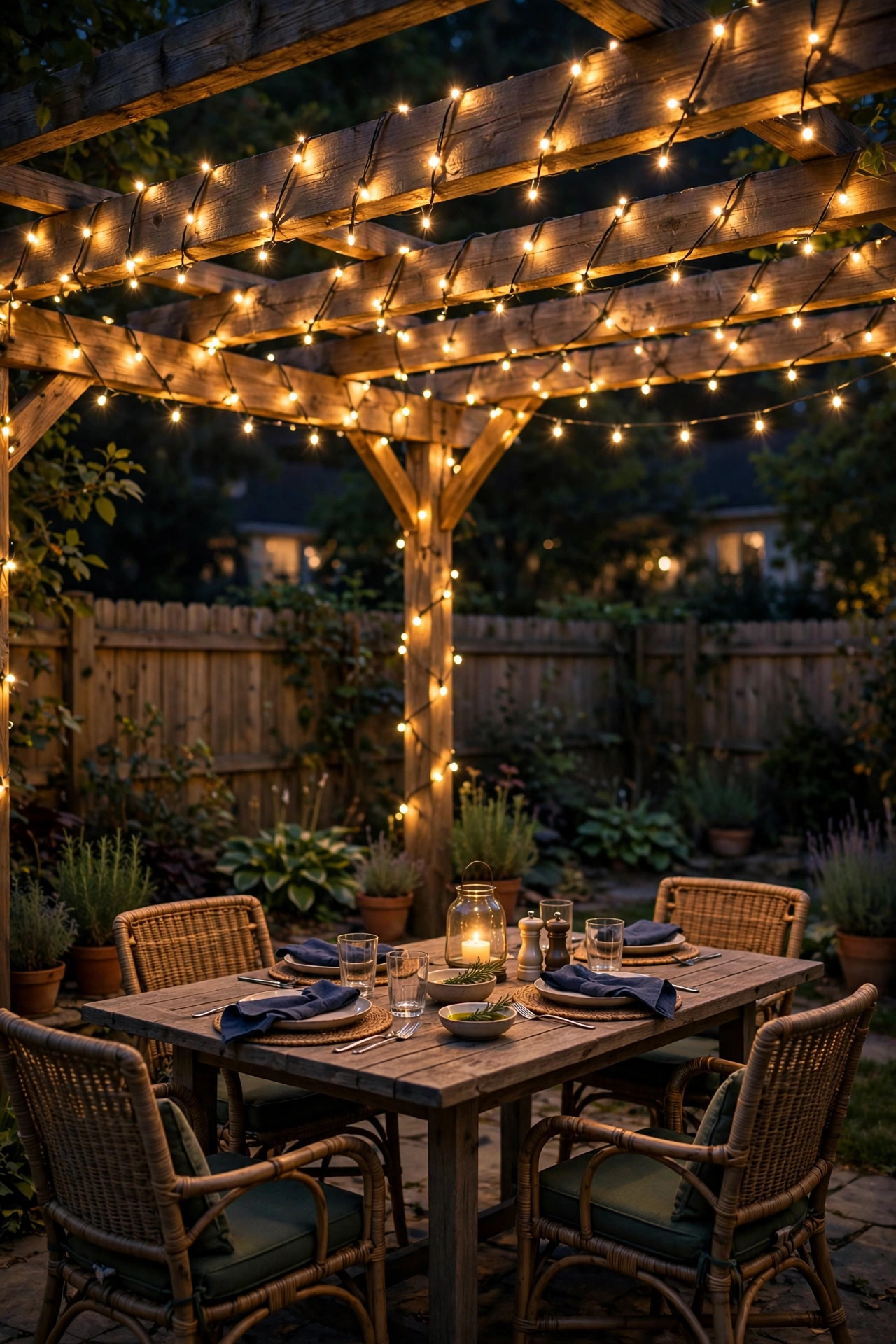 Solar string lights outdoor wrapped along wooden pergola beams glowing over an outdoor dining set at night