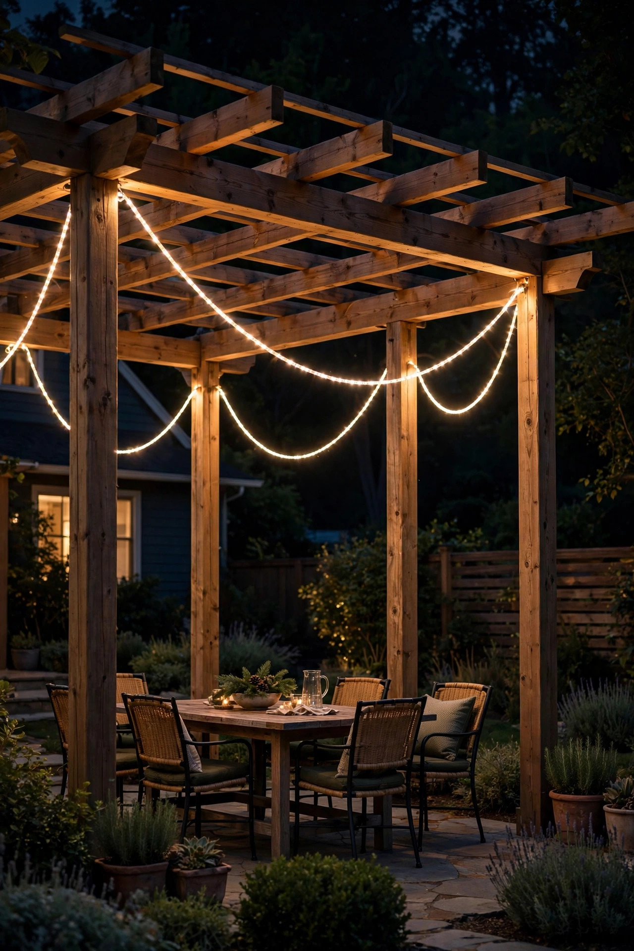 Wooden pergola at night with rope light draped in gentle swags between the posts above a patio dining set