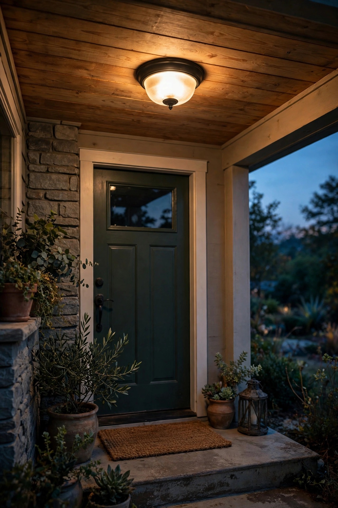 Porch ceiling light glowing warmly at dusk over a cozy entryway just after sunset, photorealistic