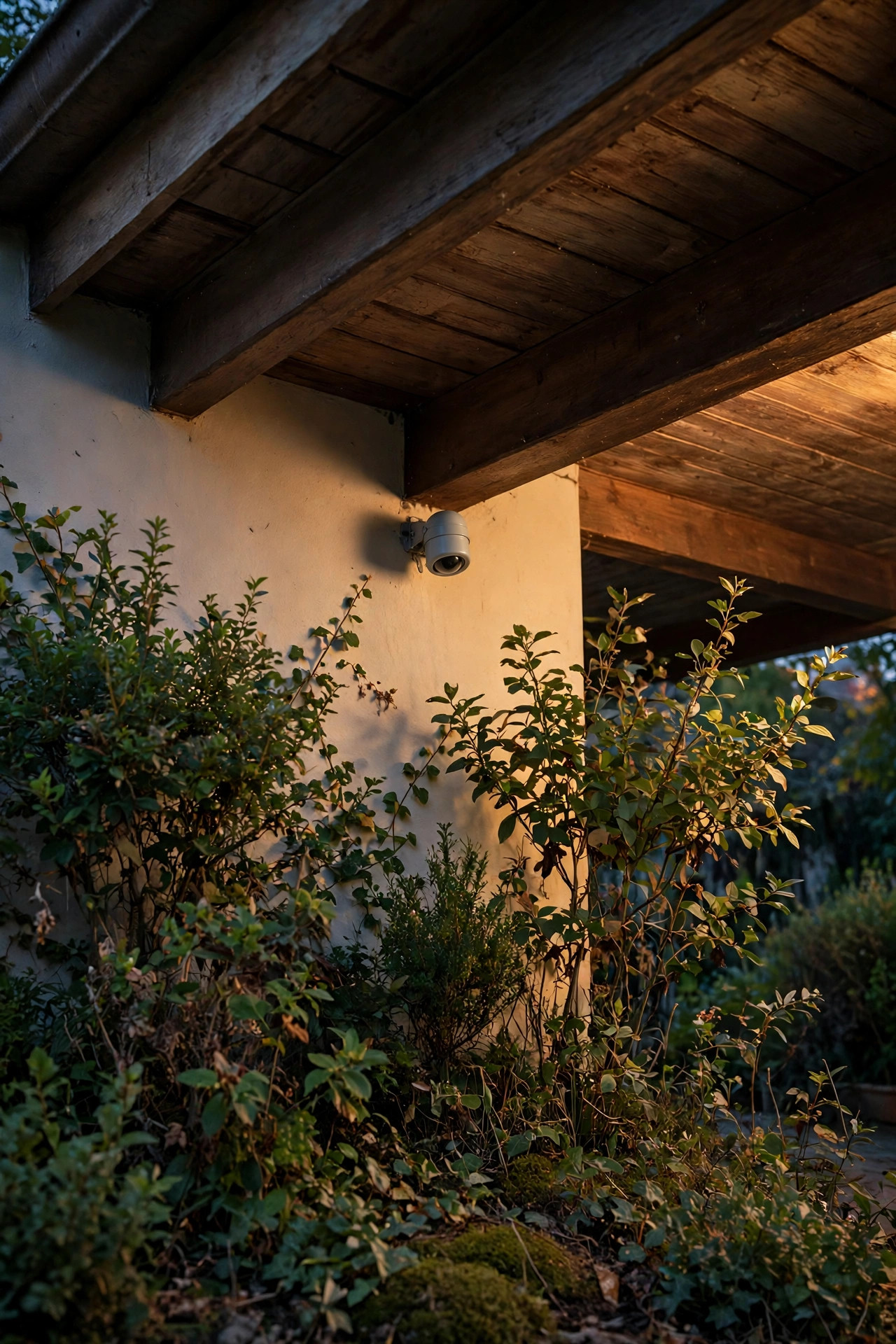 Photocell sensor shaded beneath a deep porch eave with shrubs growing around the fixture