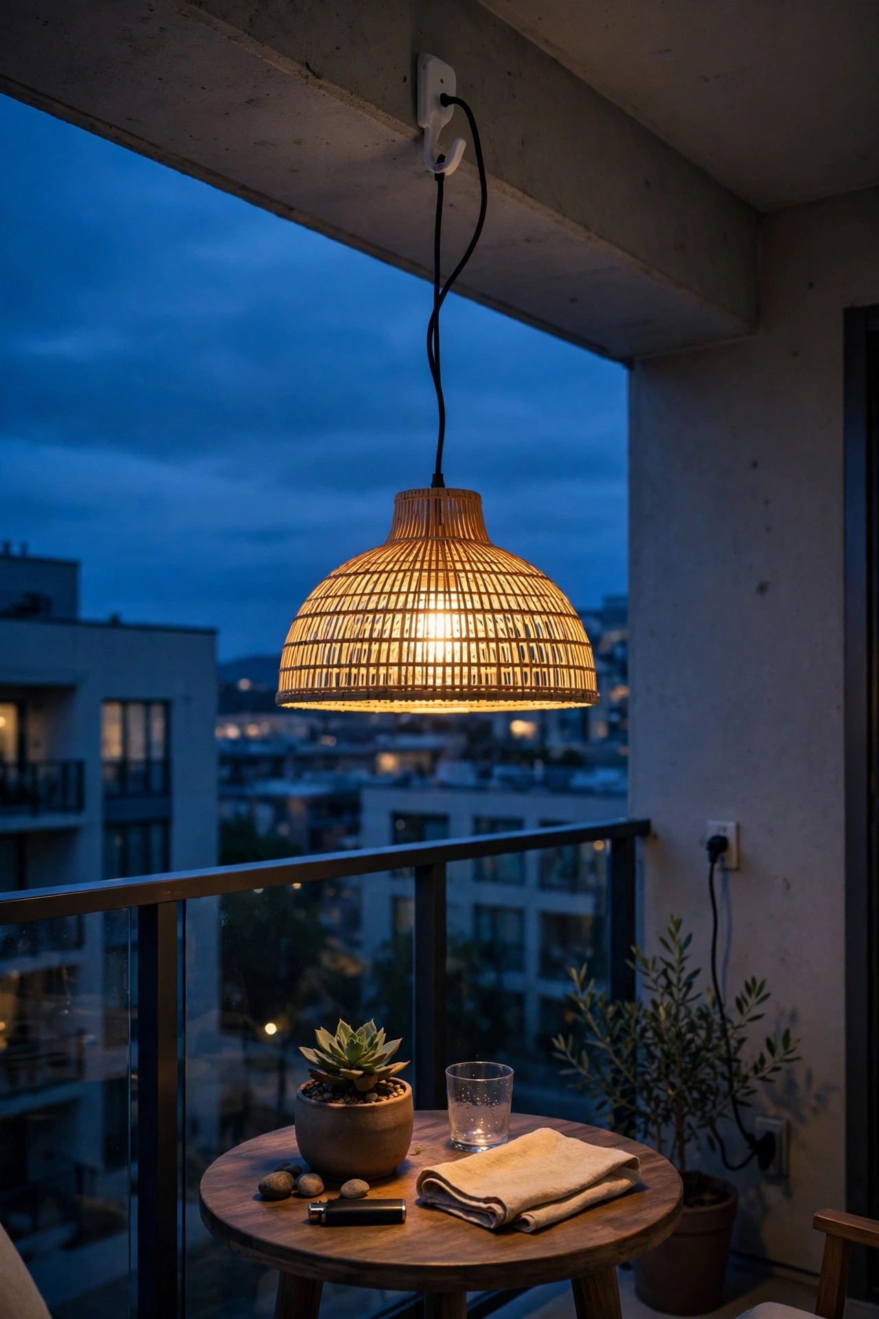 Plug-in swag pendant light hanging over a condo balcony table from a removable hook, warm glow at dusk