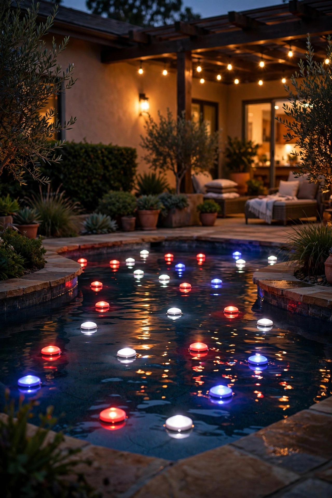 Floating waterproof LED lights glowing red white and blue in a backyard pool at night