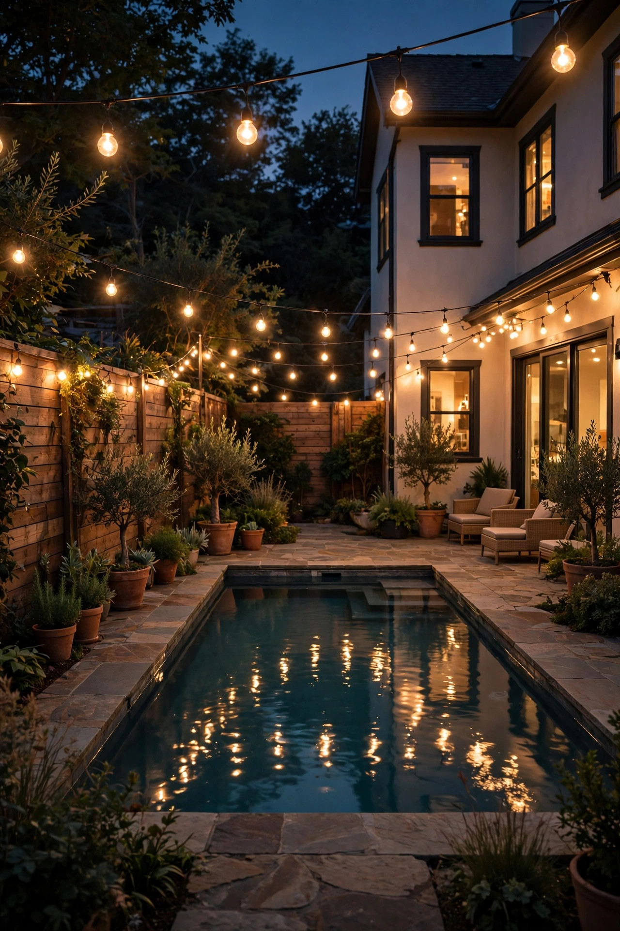 Globe string lights around a pool deck perimeter reflecting softly on the water at night