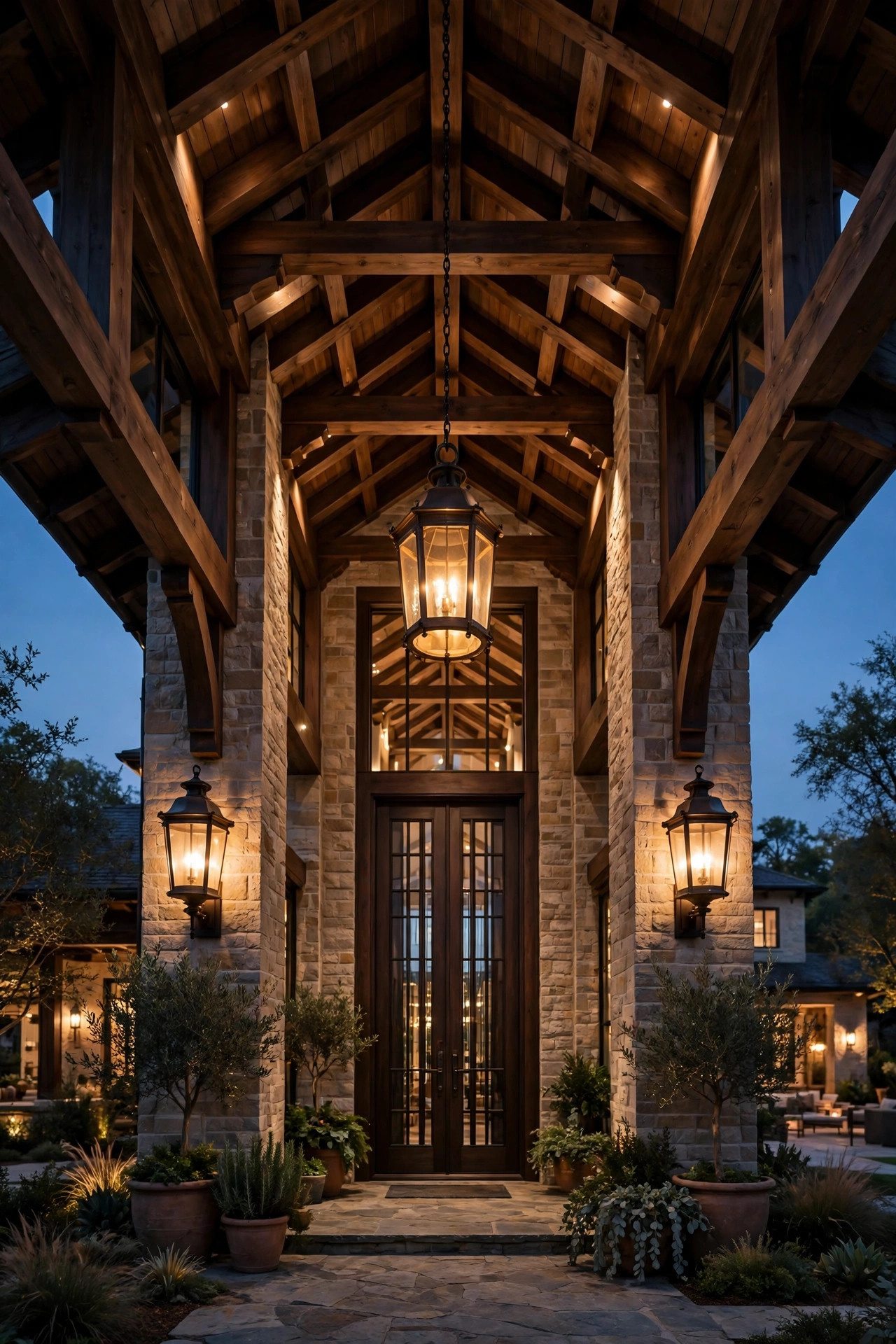 Tall covered portico entry with oversized sconces flanking the door and a matching hanging lantern, warm layered light under a high ceiling