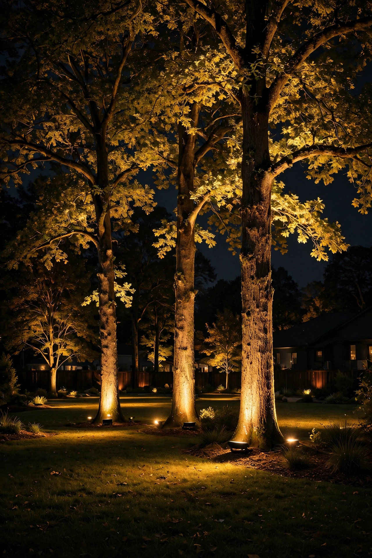Professionally installed uplights dramatically lighting tall trees at night in a large backyard