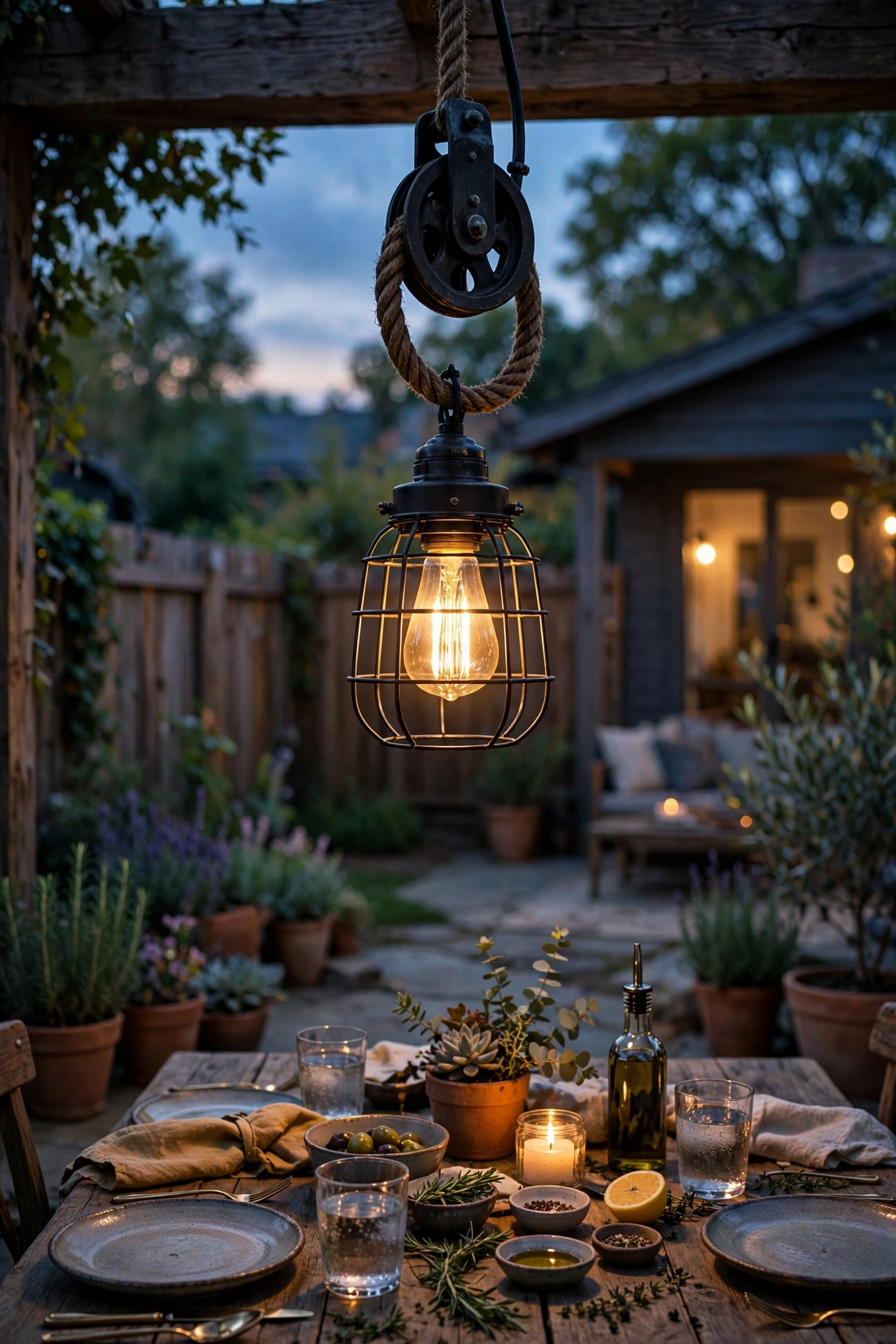 Pulley-style industrial pendant light with rope and wheel hanging over an outdoor dining table