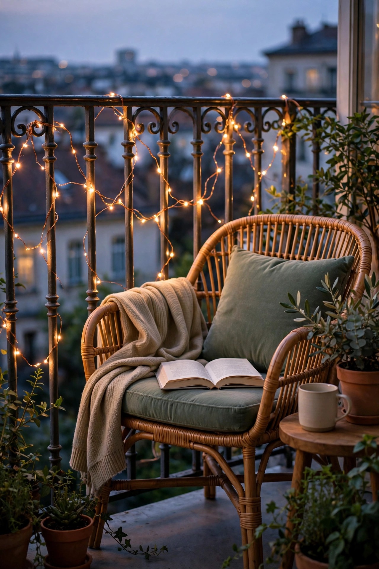 Copper-wire fairy lights woven through balcony railing balusters glowing softly behind a reading chair