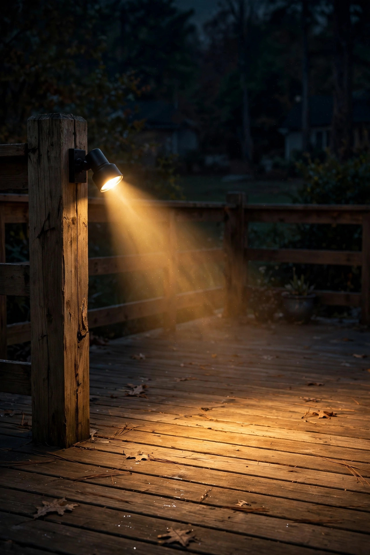 Small spotlight mounted on a wooden deck post casting a warm beam across deck boards at night