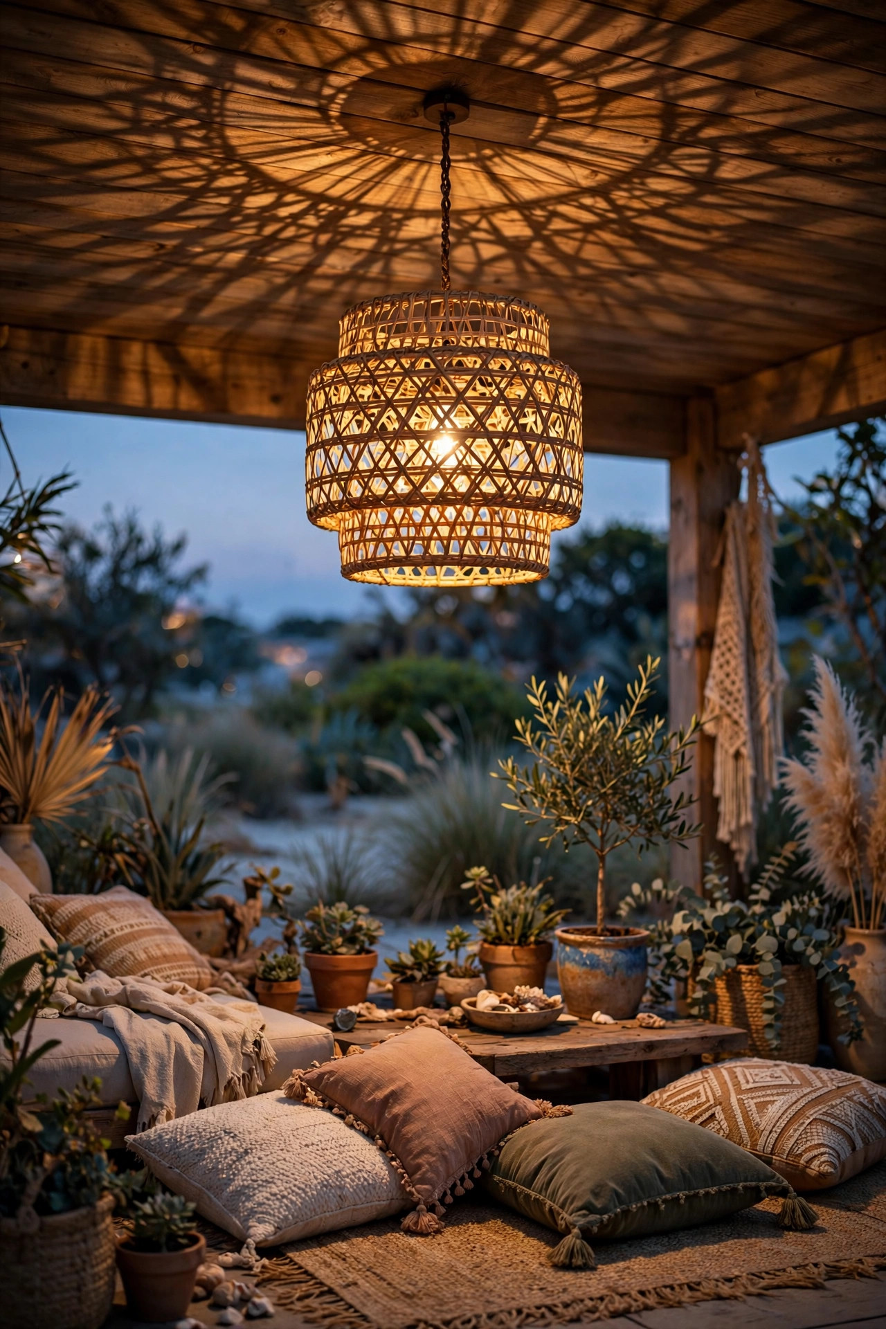 Woven rattan outdoor chandelier casting patterned light over a boho patio seating area