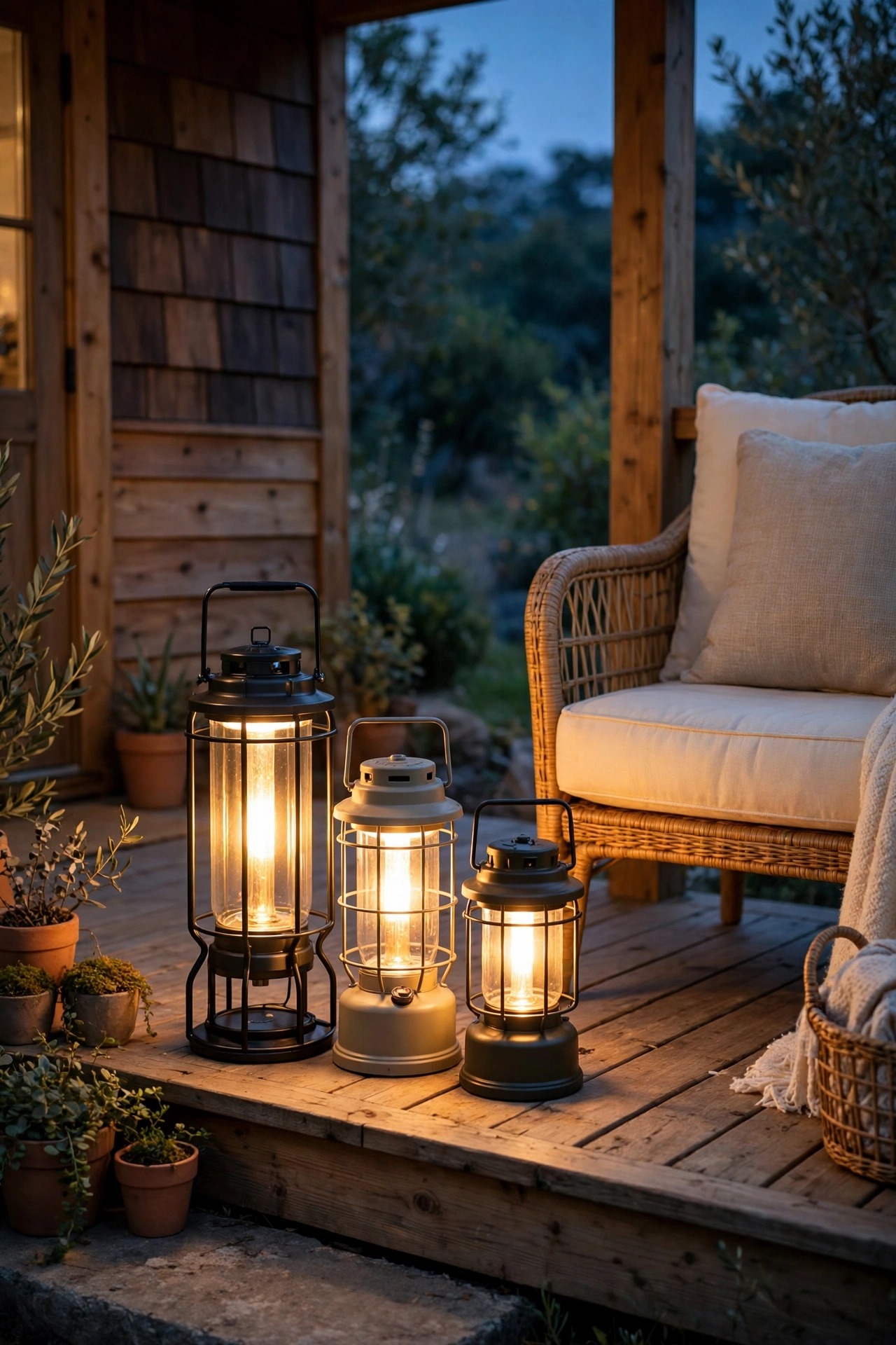 Cluster of three rechargeable lanterns in mixed heights glowing warmly on a small tiny house porch beside a cushioned chair