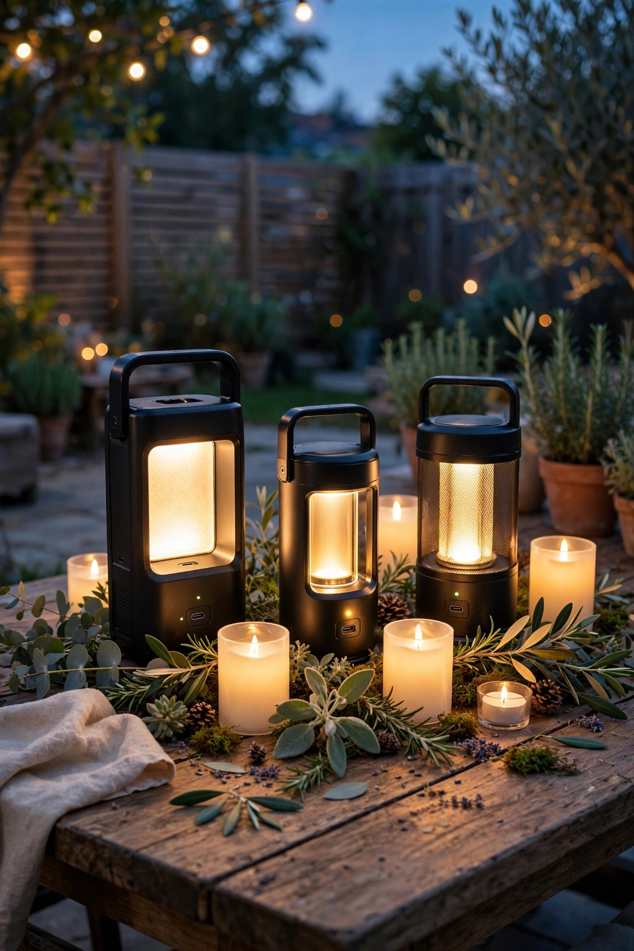 Rechargeable lanterns and flameless LED candles glowing on a backyard dining table centerpiece at dusk
