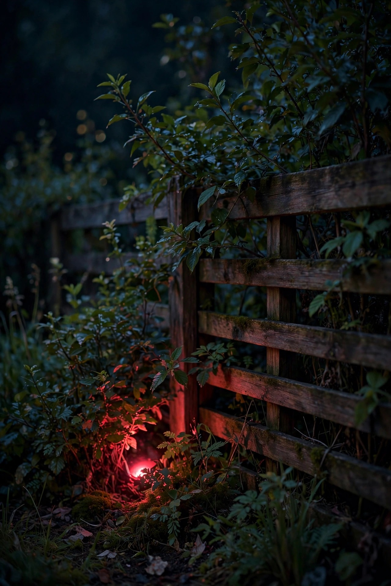 Soft red light glowing gently near a garden fence and leafy shrubs at night, deep red glow that stays kind to night creatures
