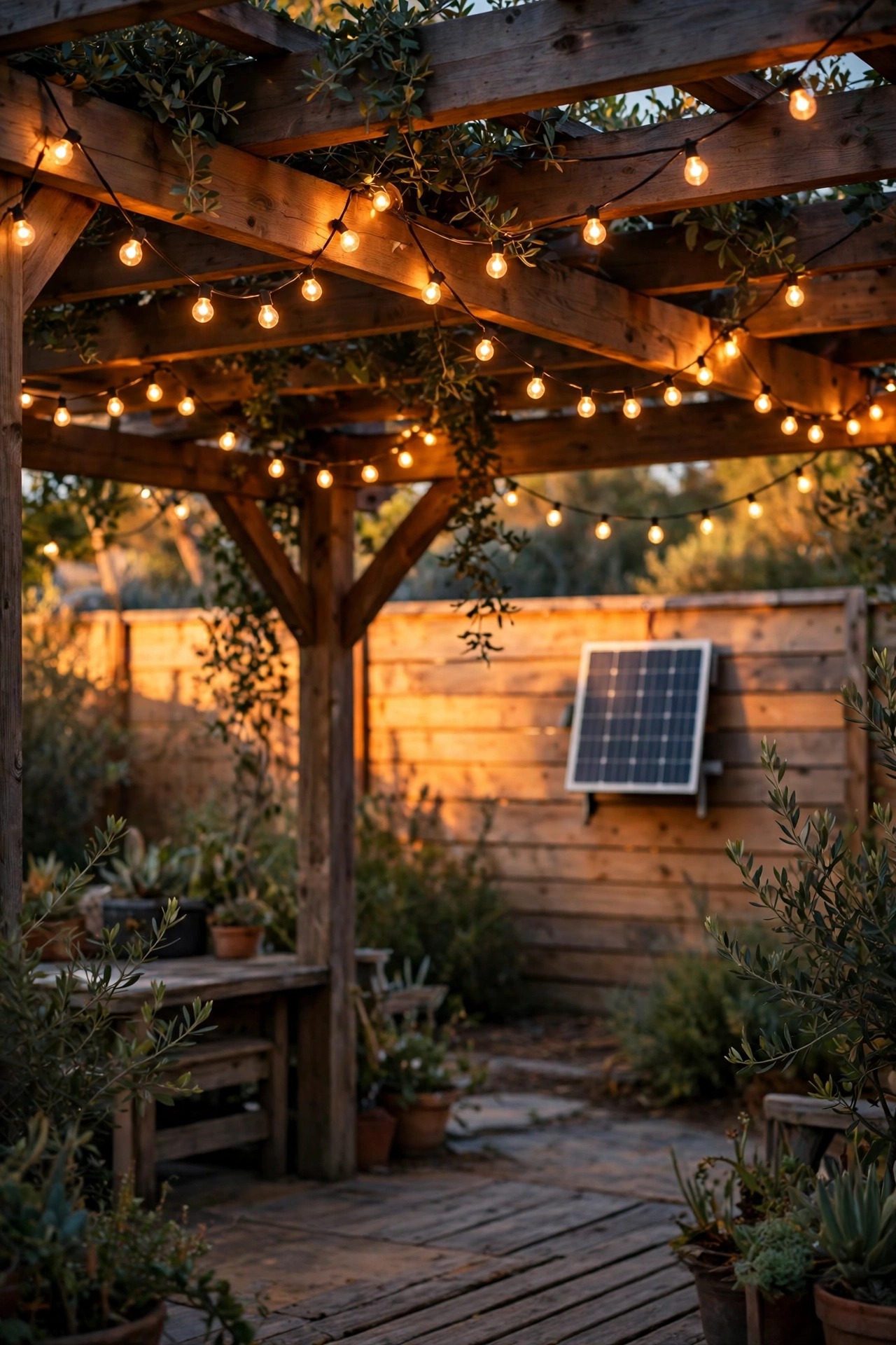 Warm solar string lights draped over a shaded patio pergola with the solar panel mounted on a sunny fence