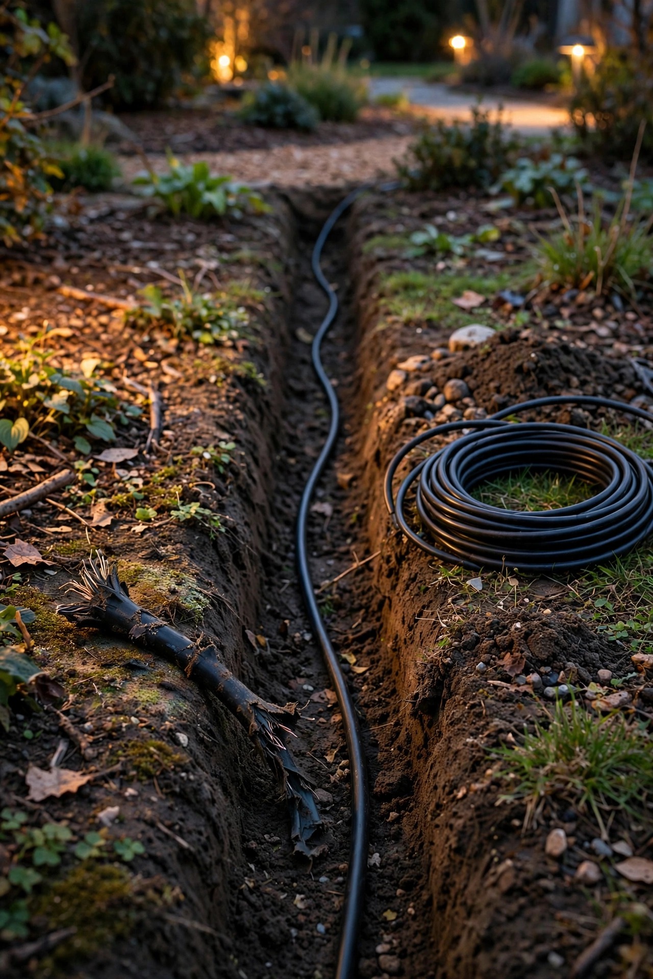 New section of black landscape lighting cable being laid into a garden trench to replace a chewed length, coil of fresh cable nearby at dusk