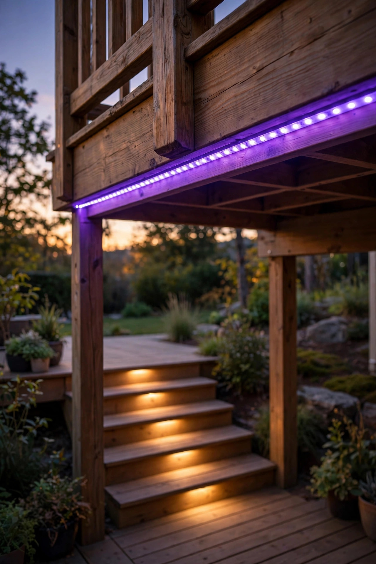 Smart RGB LED strip glowing in violet beneath a wooden deck handrail with steps lit softly below at dusk
