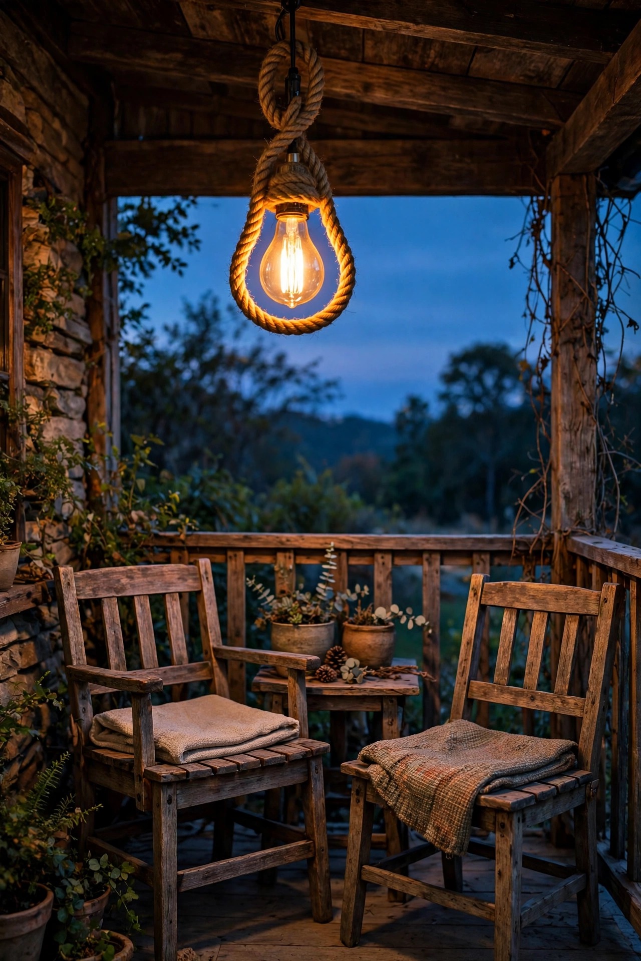Rope wrapped pendant light glowing warmly over a rustic porch seating corner with wooden chairs