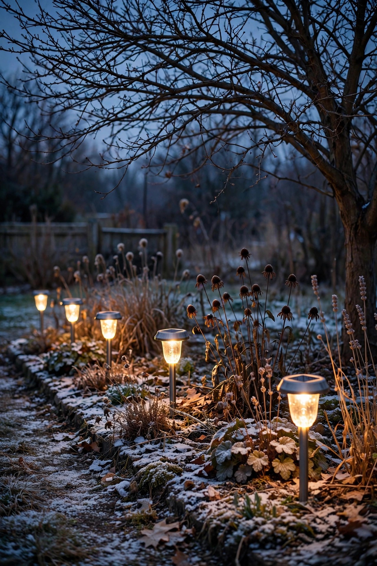 Solar garden lights glowing in early evening beside a lightly snow-dusted flower bed under a bare winter tree