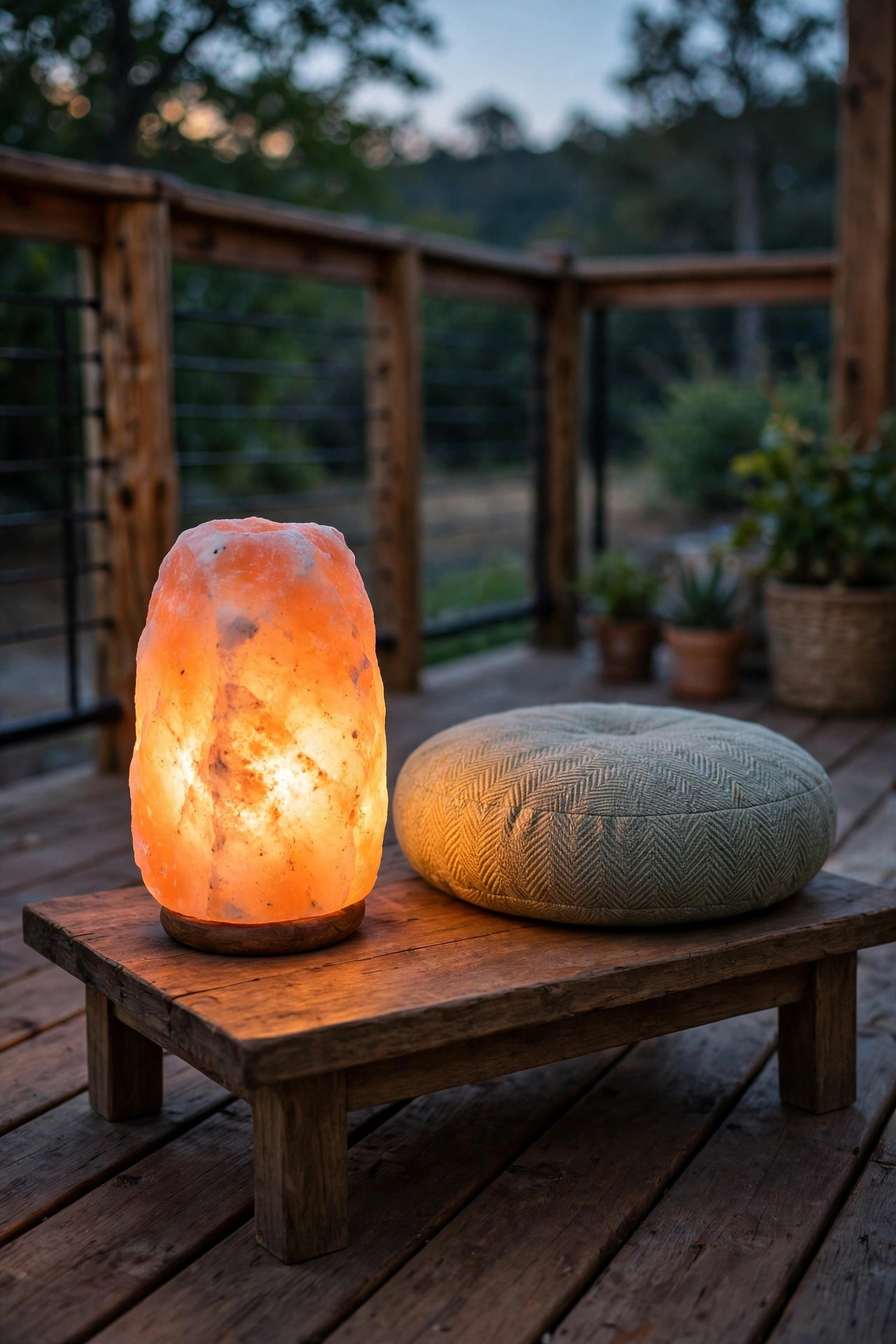 Glowing salt lamp on a low wooden table beside a meditation cushion on a deck at dusk