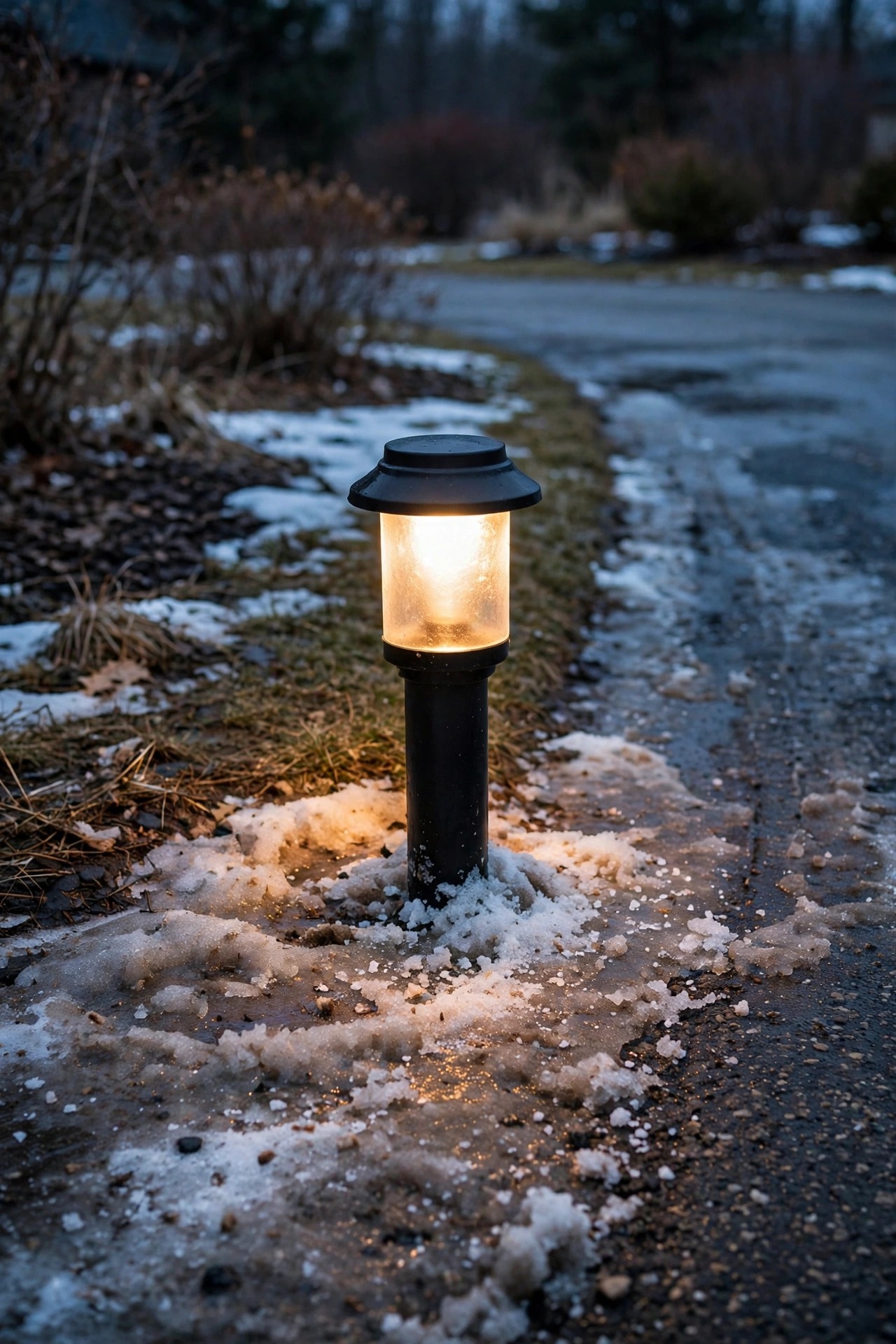 Outdoor path light near a driveway edge with winter slush and road salt residue around its base at dusk