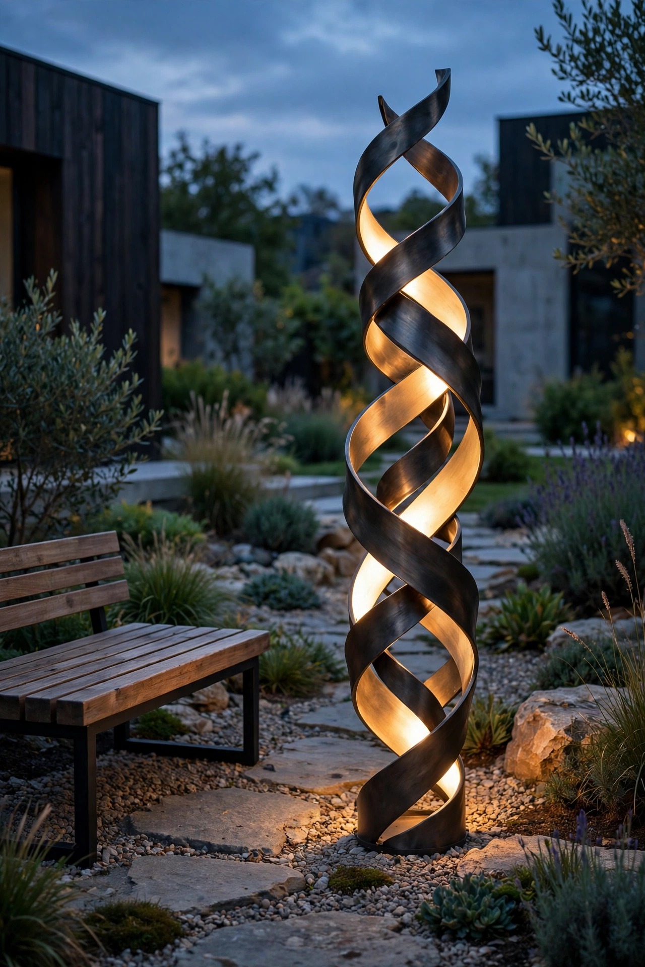 Sculptural modern garden light fixture with a twisted metal form glowing beside a bench at dusk