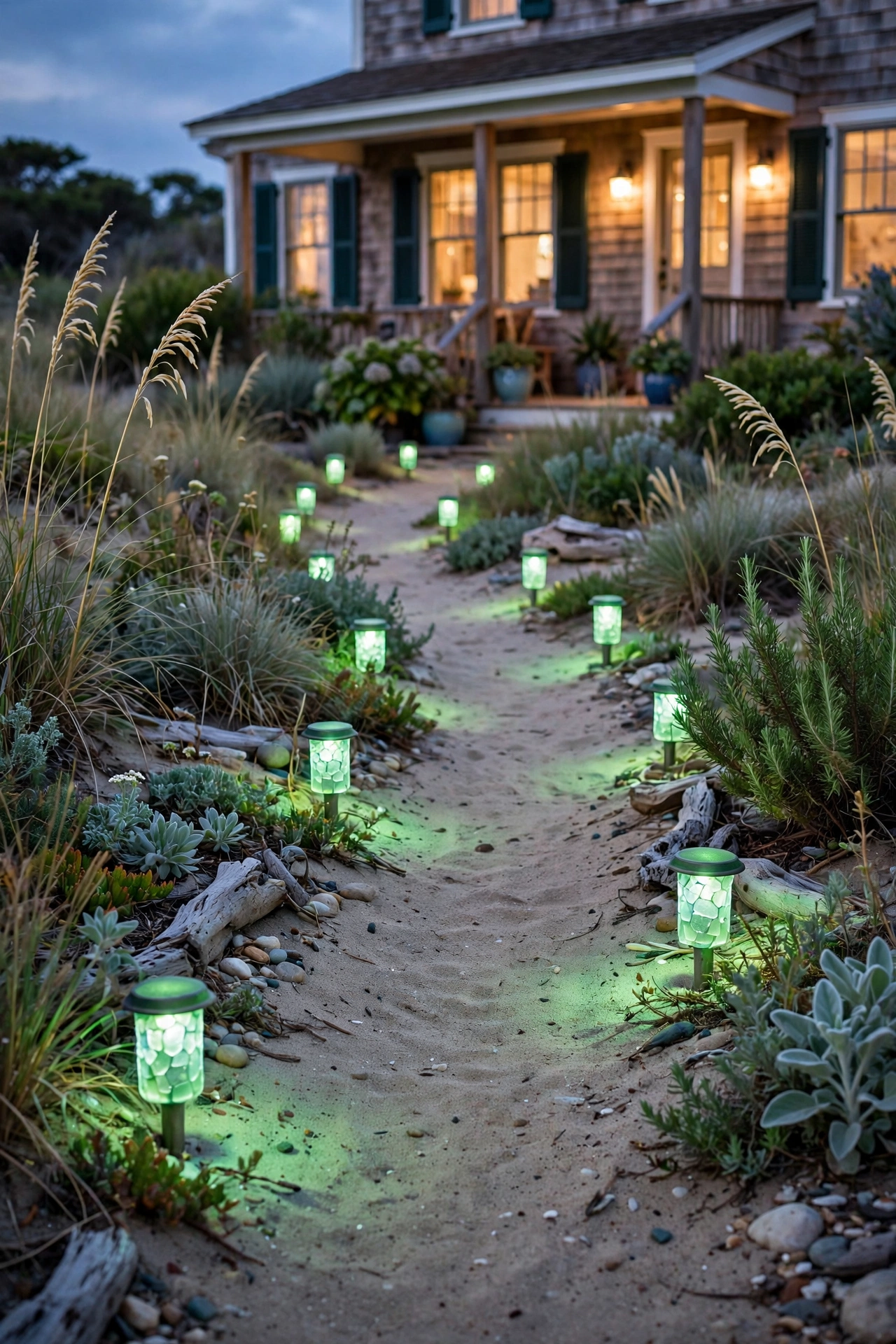 Sea-glass green path lights glowing along a coastal garden walkway at dusk