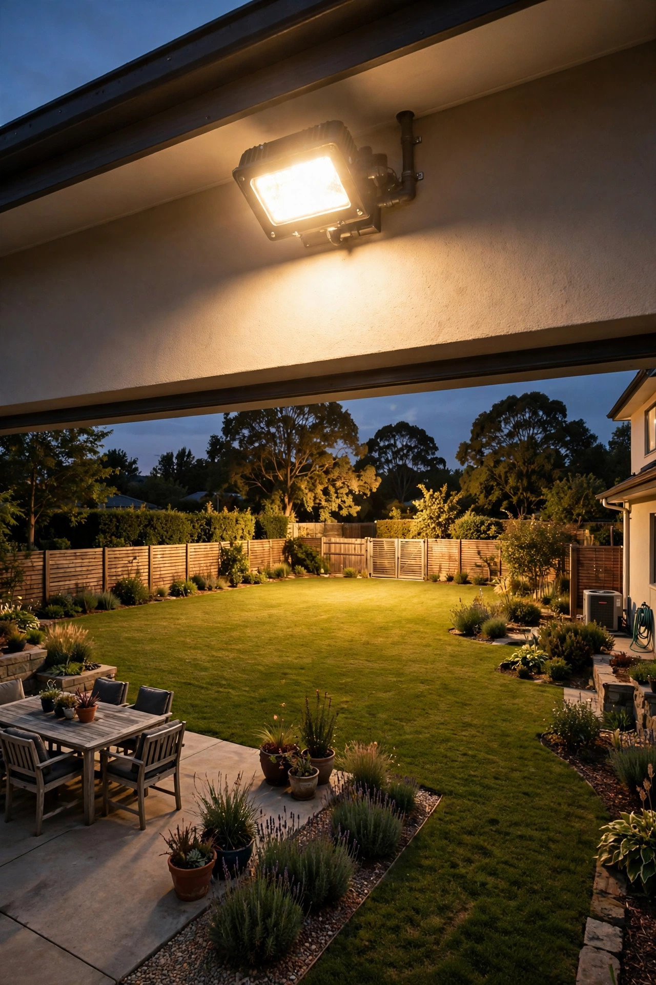 Bright hardwired security floodlight washing a large backyard with even light at dusk, no dimming at distance