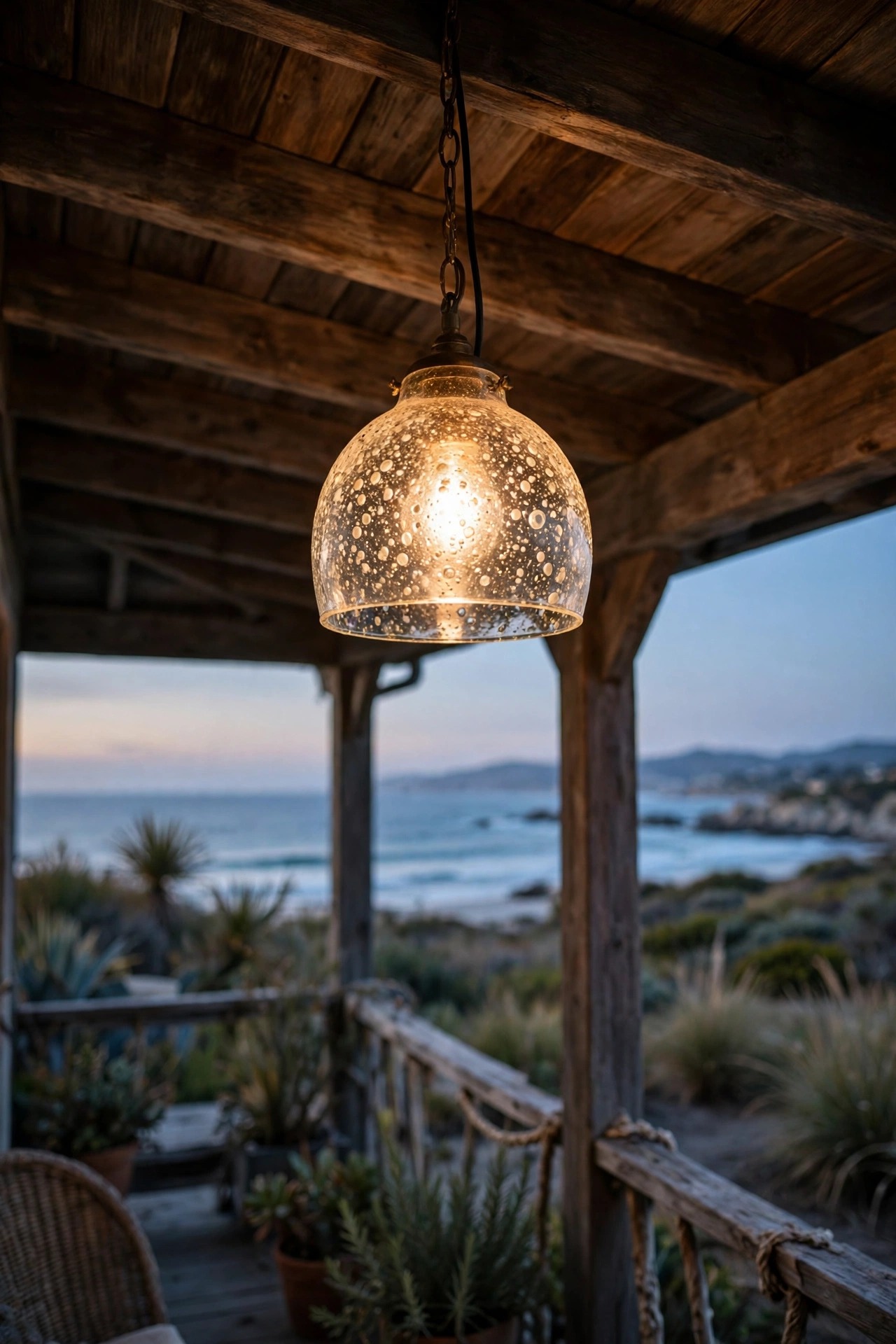 Seeded glass ceiling light glowing softly on a covered coastal porch