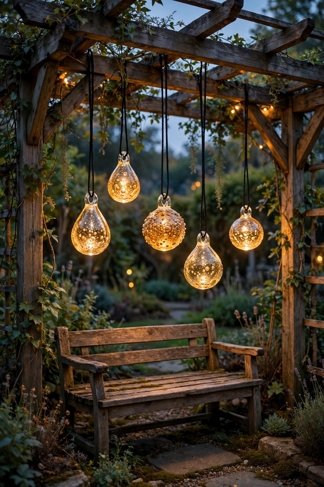 Seeded glass craftsman pendants hanging under a wooden garden arbor over a bench at dusk