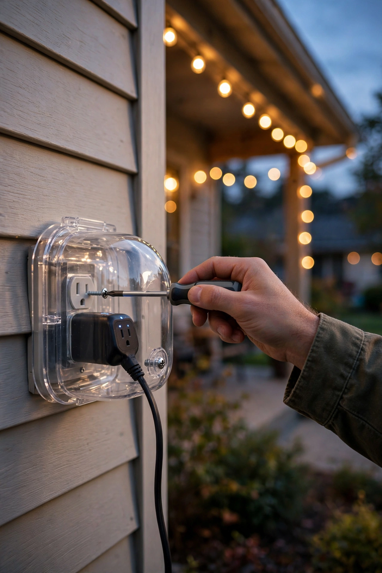 Installing a weatherproof in-use outlet cover with an outdoor smart plug on a house exterior