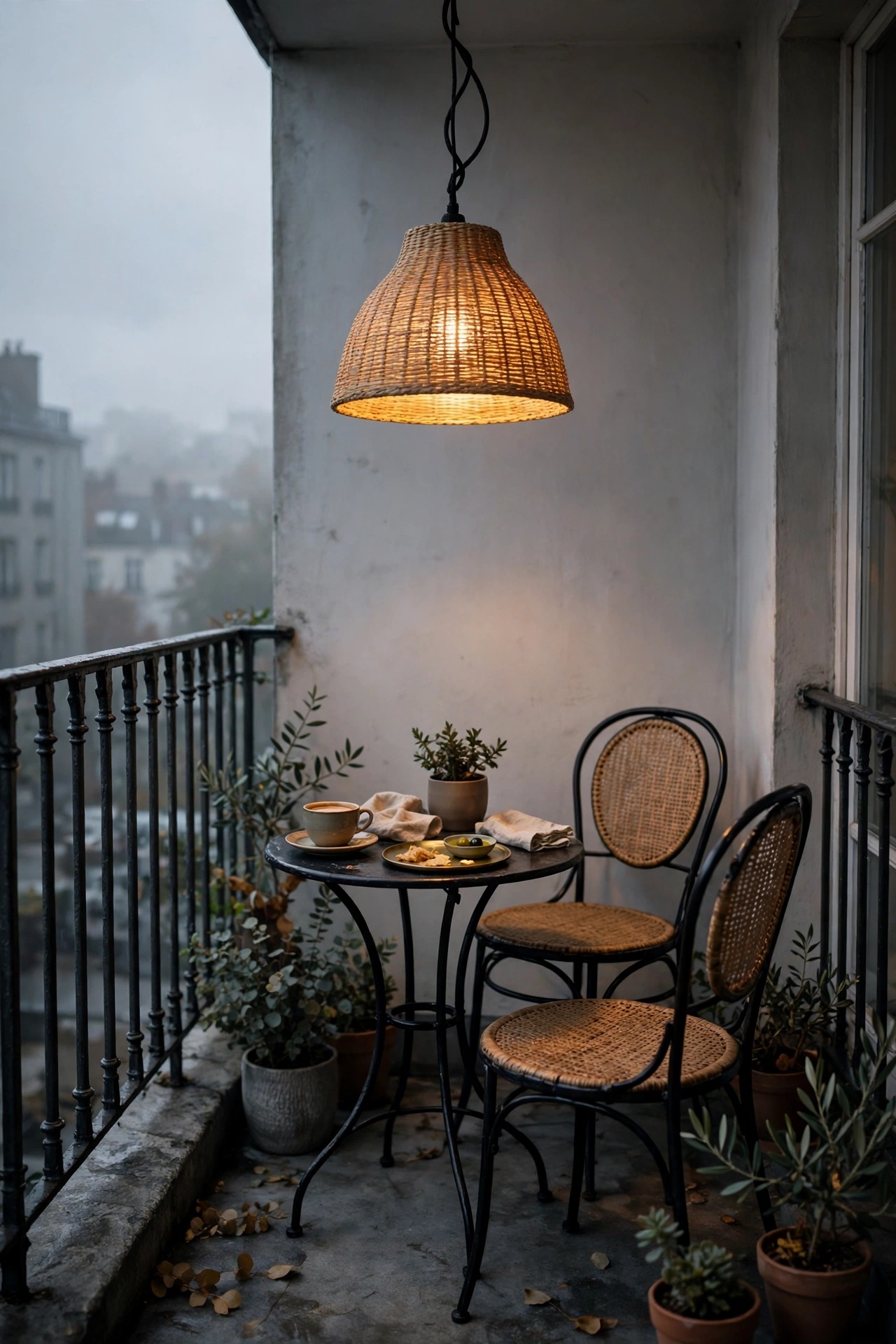 Woven-shade plug-in pendant light glowing warmly over a small balcony bistro set on a grey morning
