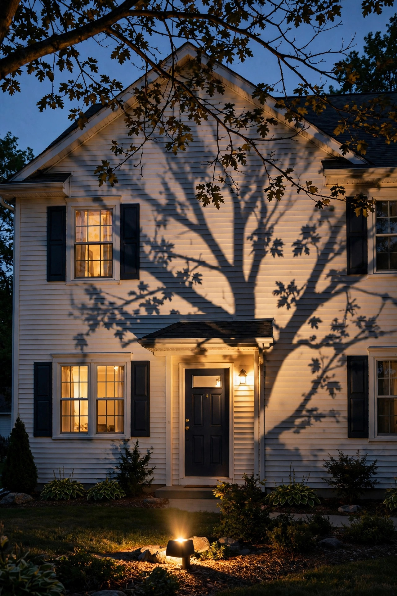 Low front spotlight casting dramatic branch shadows from a front yard tree onto the house facade