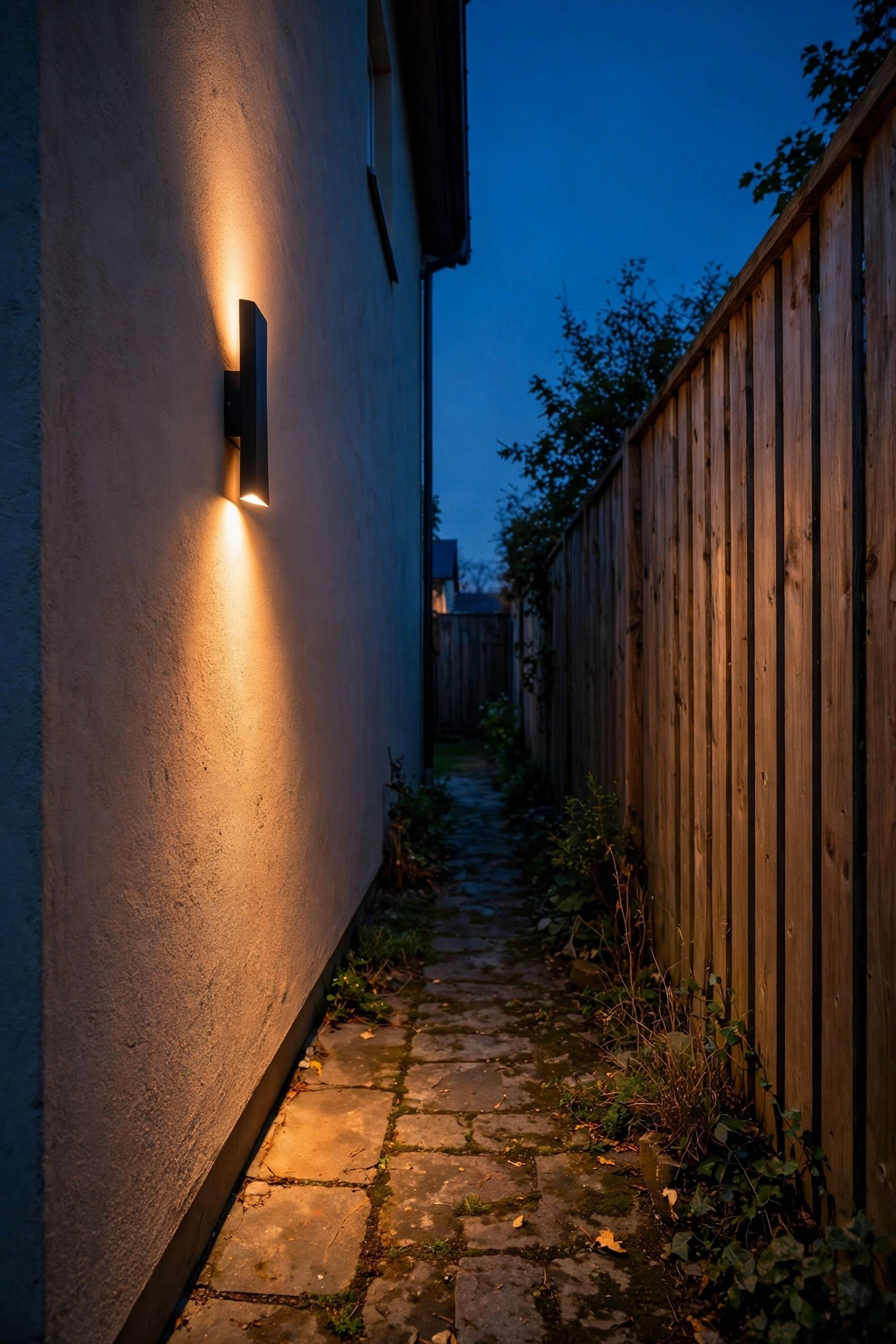 Narrow side-yard passage between a house wall and fence at dusk, lit by a slim shielded wall sconce aimed downward