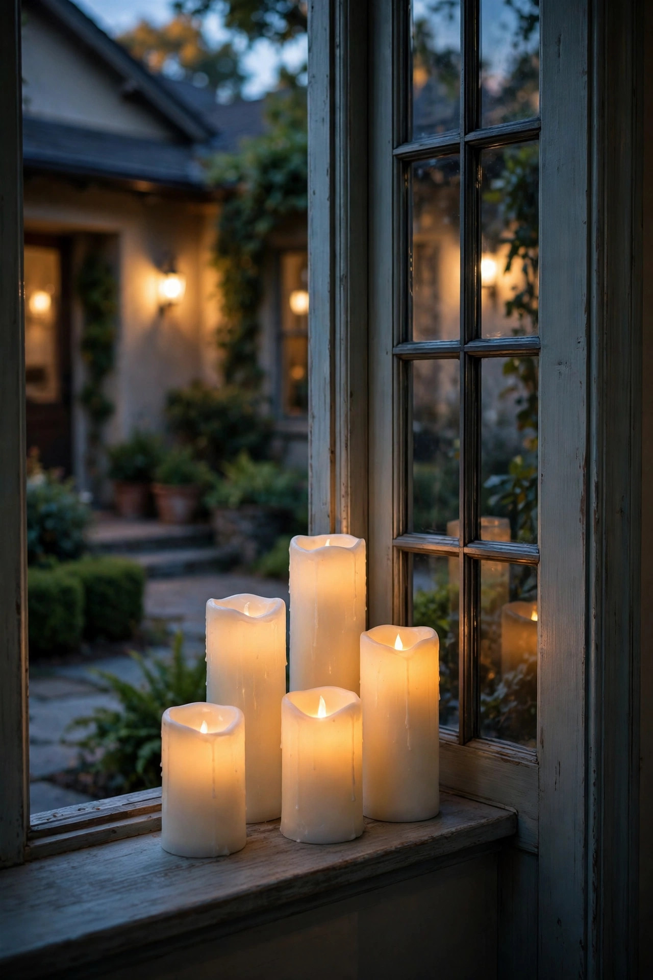 Flameless candles flickering on the interior sill behind a sidelight window