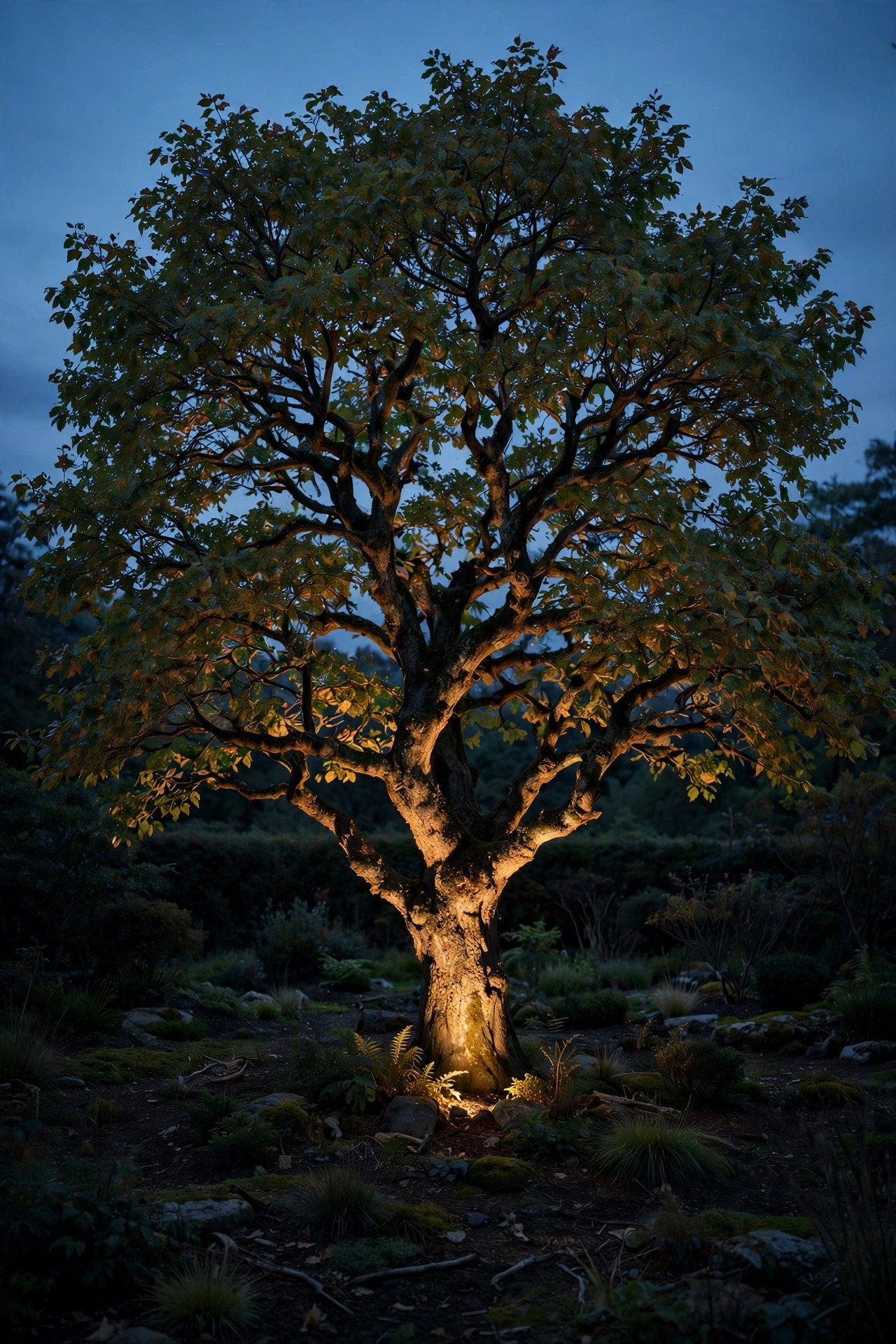 Single mature tree uplit by one hidden spotlight at dusk with a dark garden around it, dramatic minimalist landscape lighting