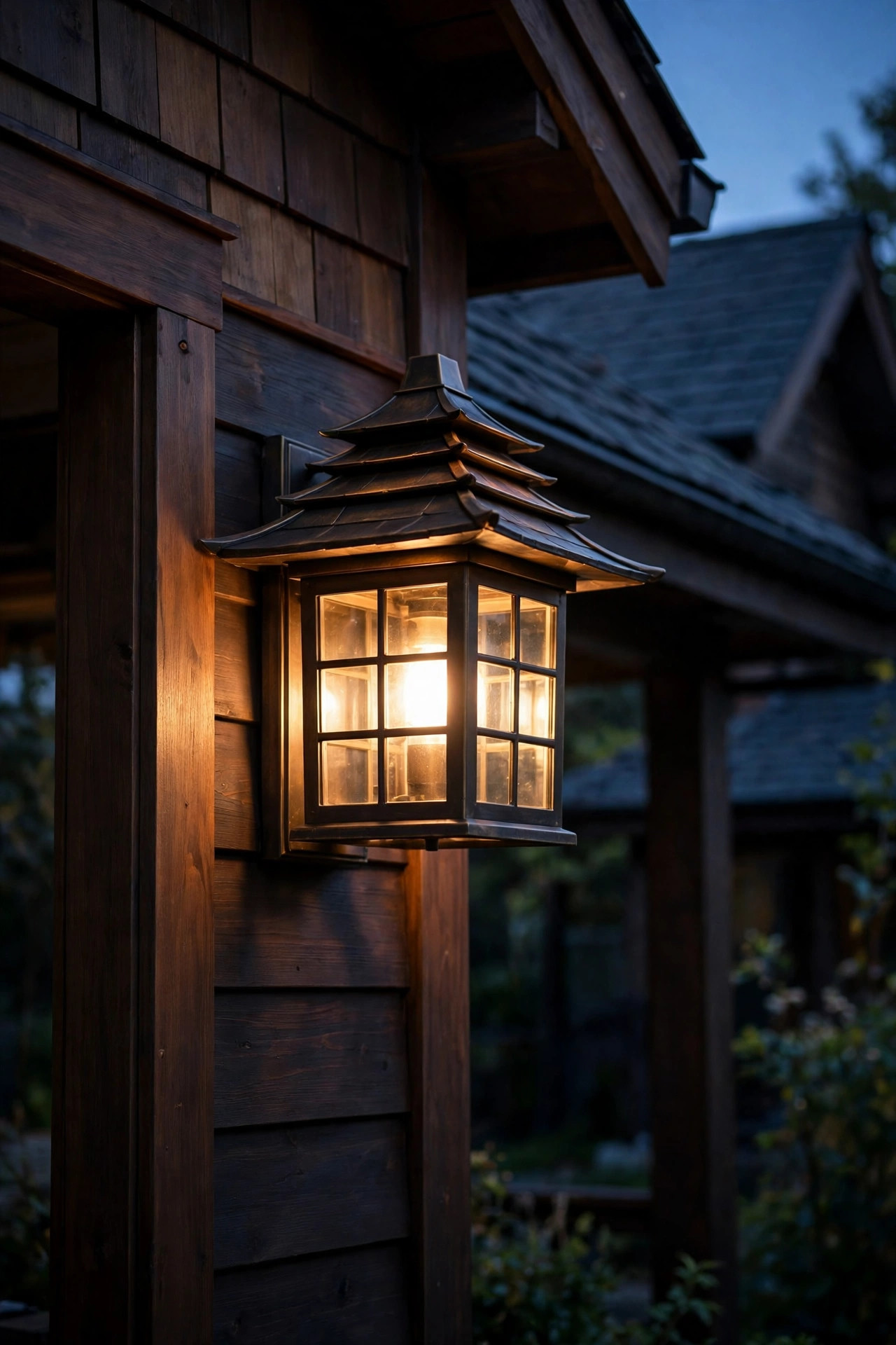 Craftsman outdoor sconce with sloped pagoda-style cap echoing the roofline of a bungalow porch at dusk
