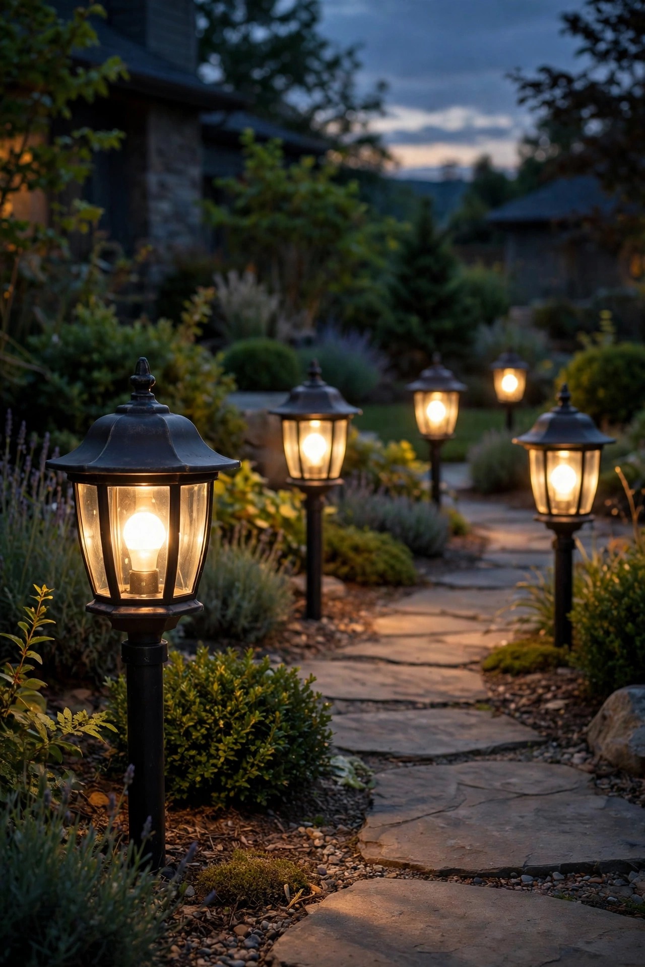 Classic lantern-style path fixtures at dusk glowing warm with smart bulbs inside, familiar fixtures with automated sunset-to-evening glow