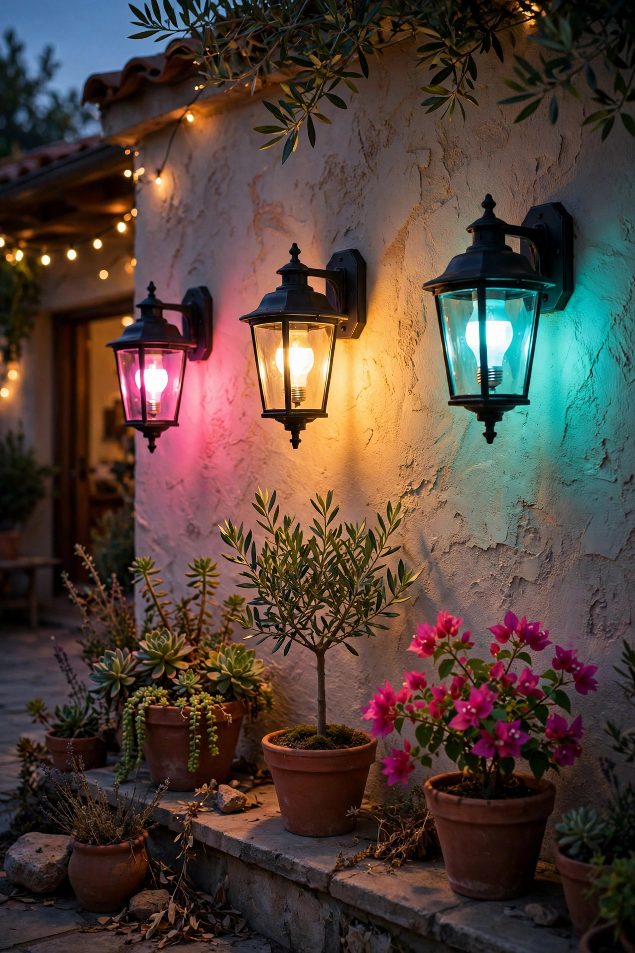 Patio wall lanterns glowing pink, turquoise, and gold from color-changing smart bulbs at dusk
