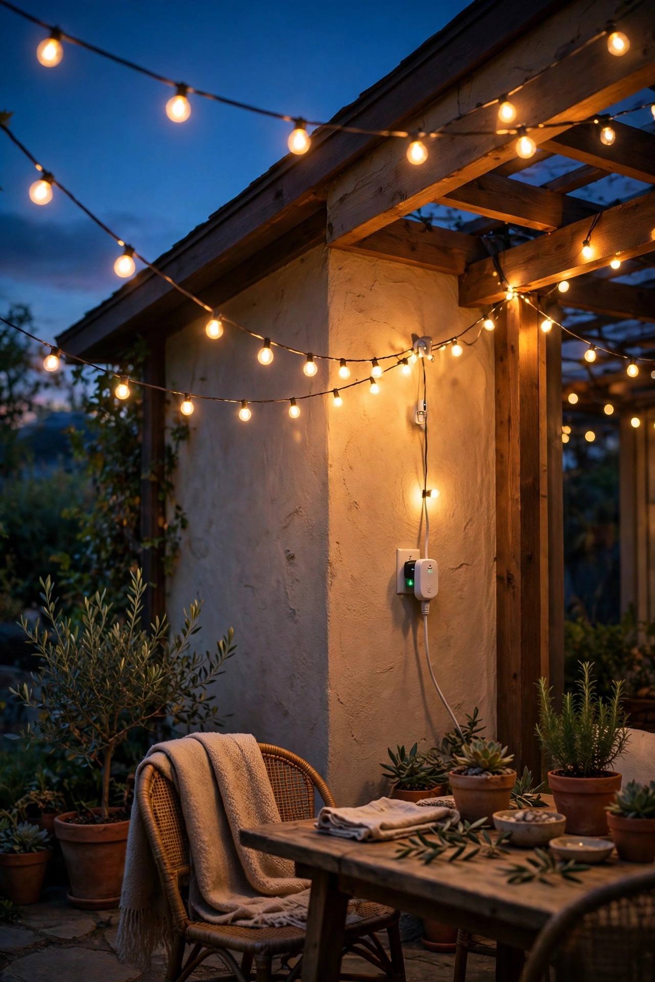 Warm LED string lights glowing over a patio at dusk plugged into an outdoor smart plug on a timer schedule, energy saving outdoor lighting idea