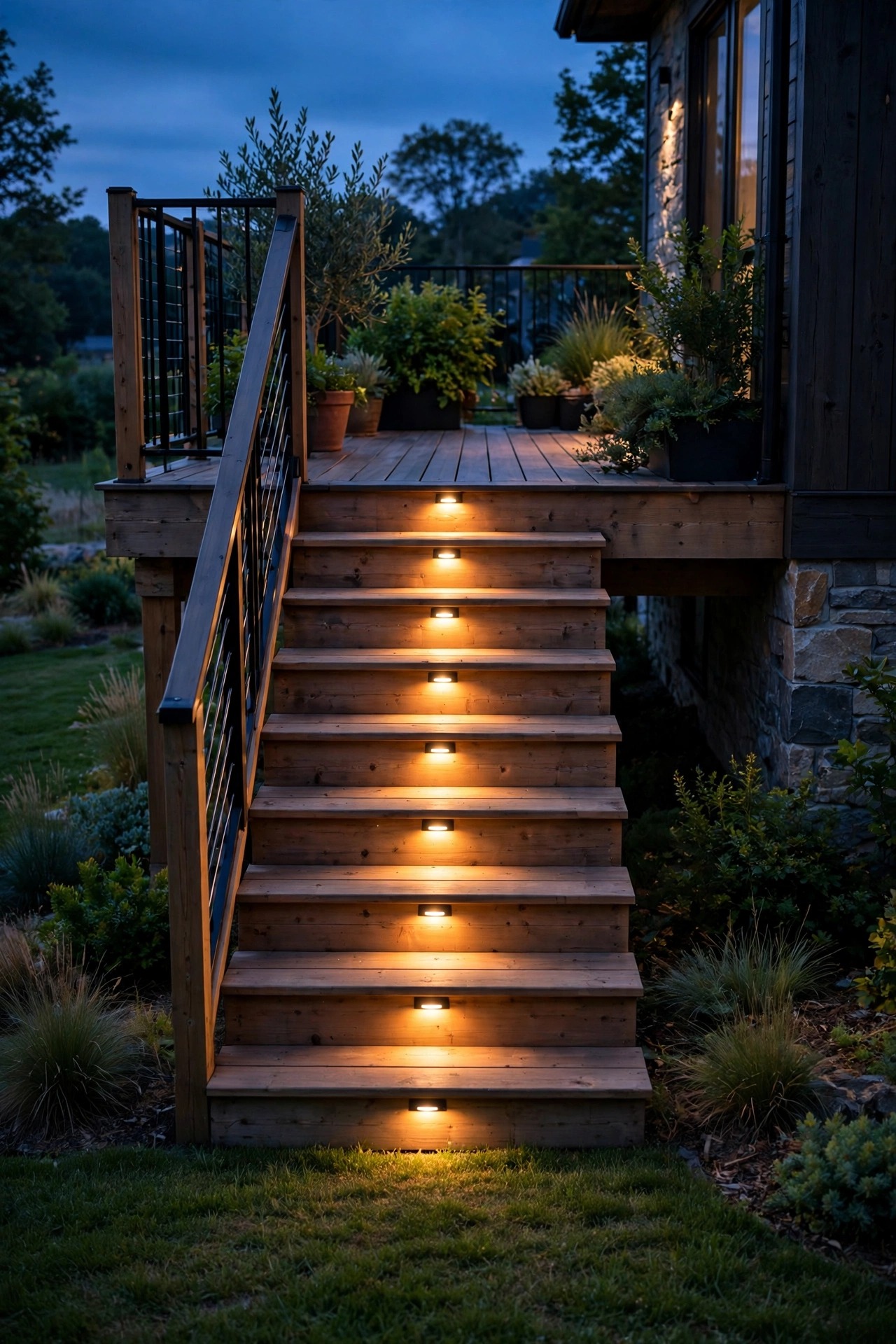 Smart stair lights glowing on each deck step riser at dusk, brightening the staircase down to the lawn