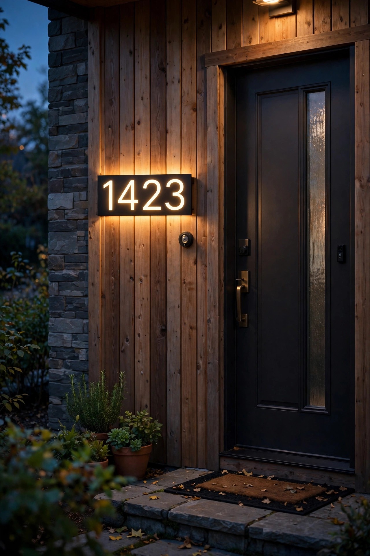 Smart backlit house numbers glowing at dusk beside a front door with a small photocell sensor
