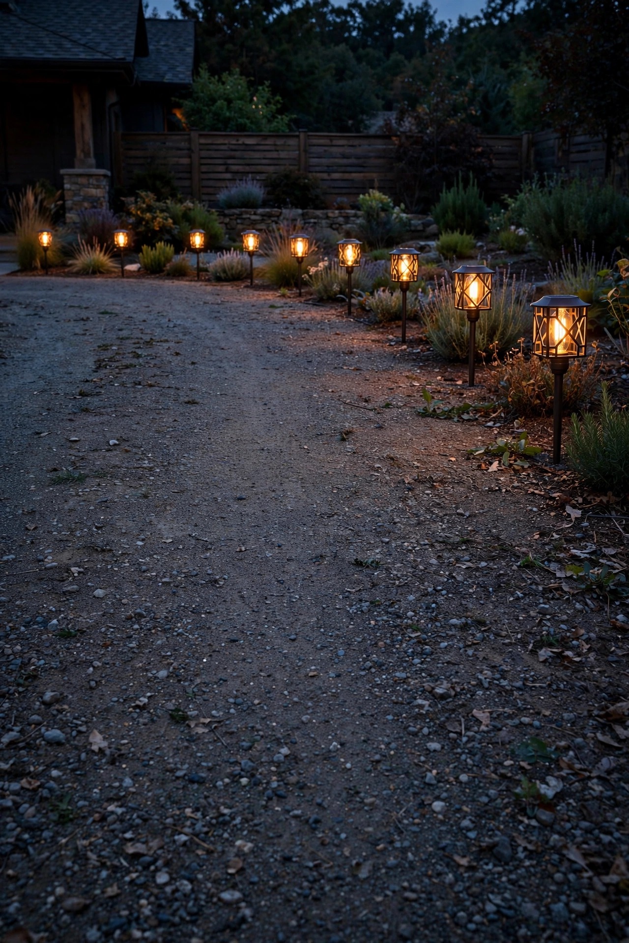 Solar stake lights with amber filament bulbs in mission cages glowing softly along the far end of a gravel craftsman driveway