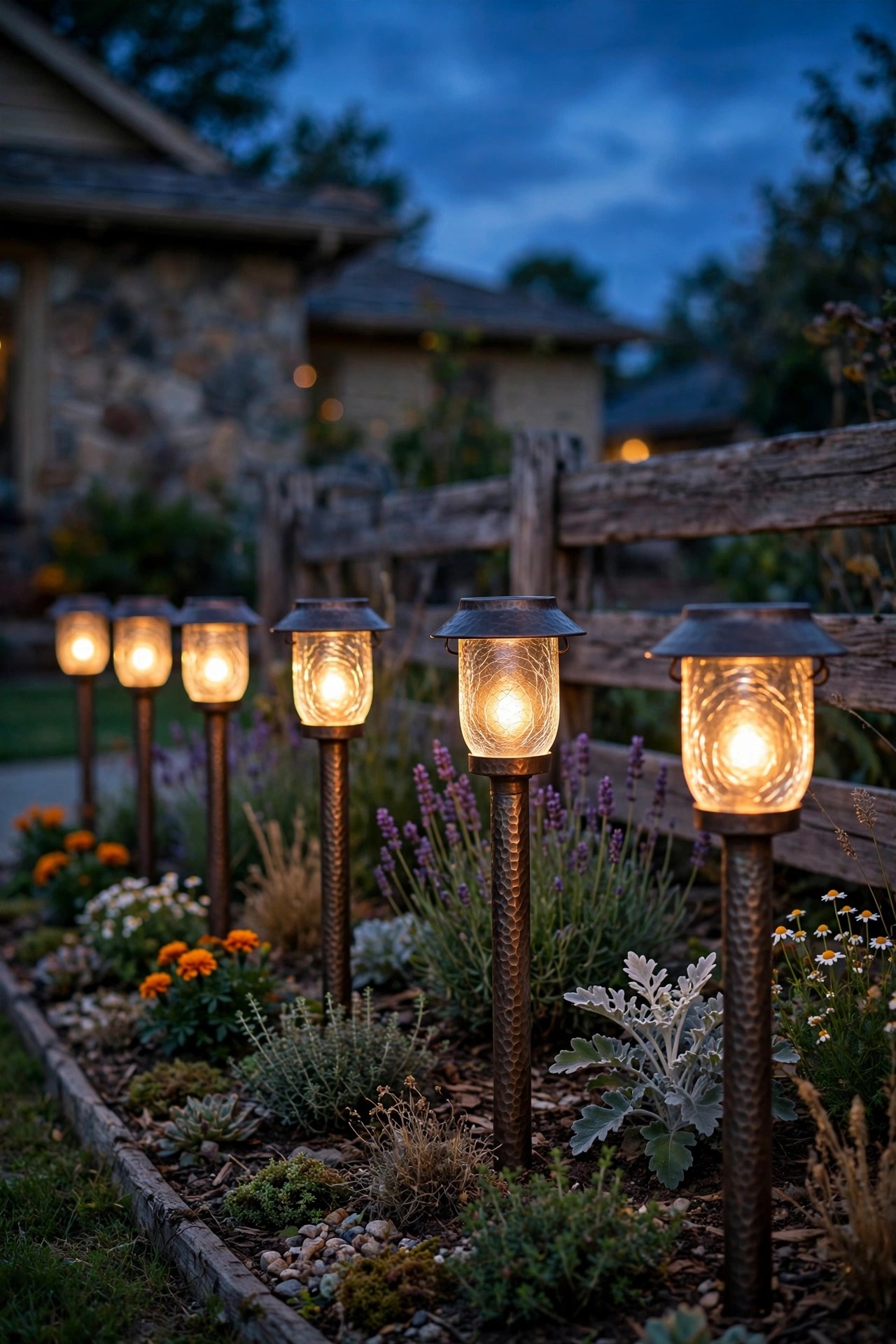 Rustic solar lantern stakes glowing along a front yard flower bed at dusk