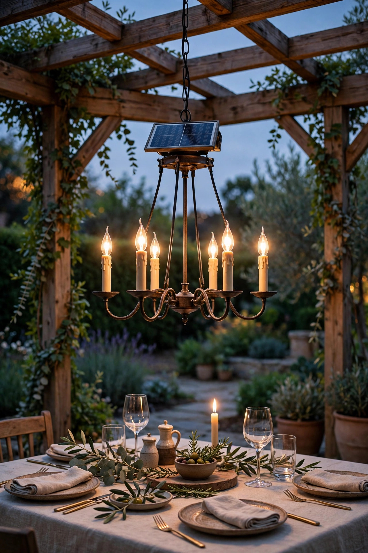Solar chandelier with candle style bulbs hanging from the center beam of a pergola over a set table