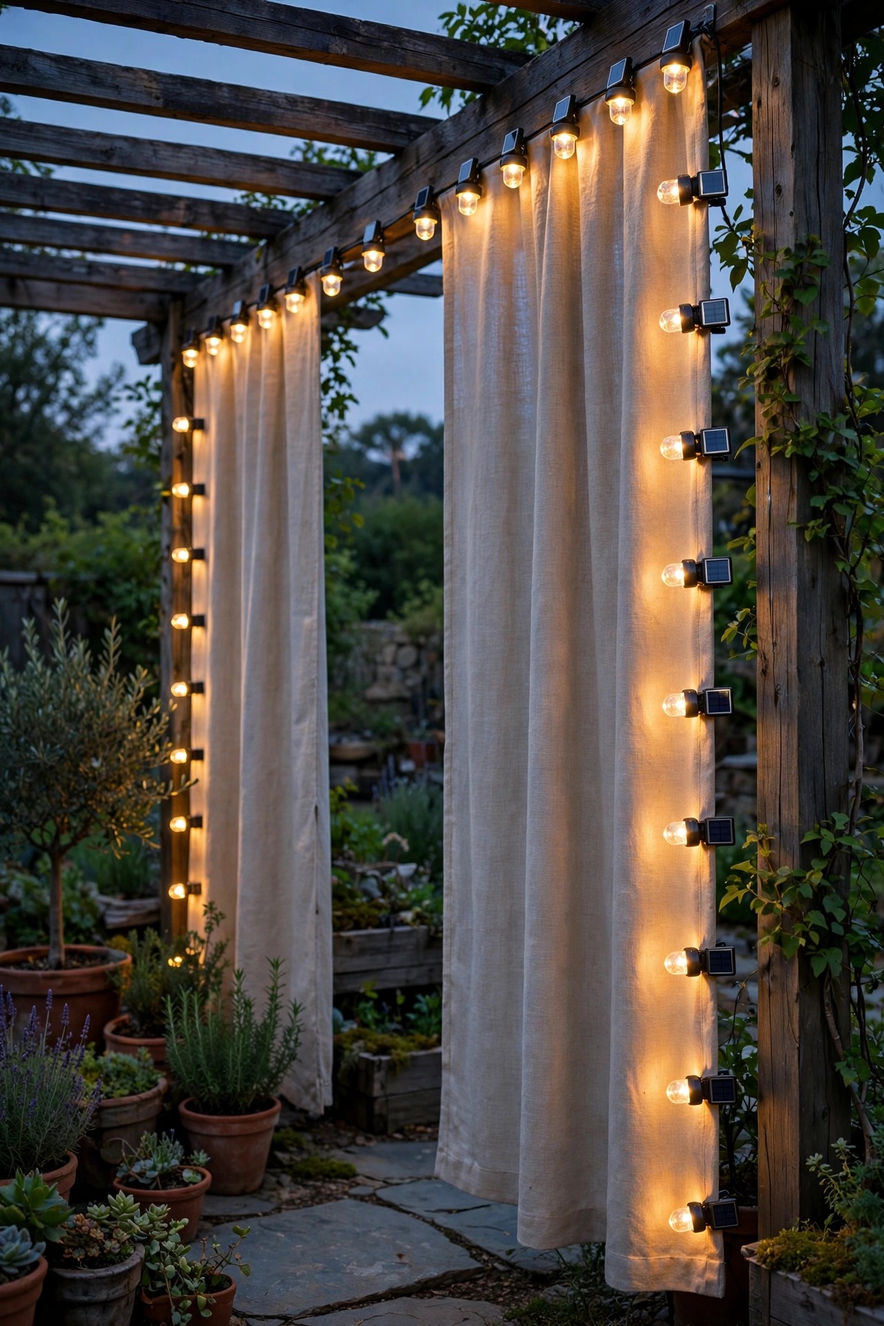 Solar clip lights tracing the edge of pergola curtain panels at dusk