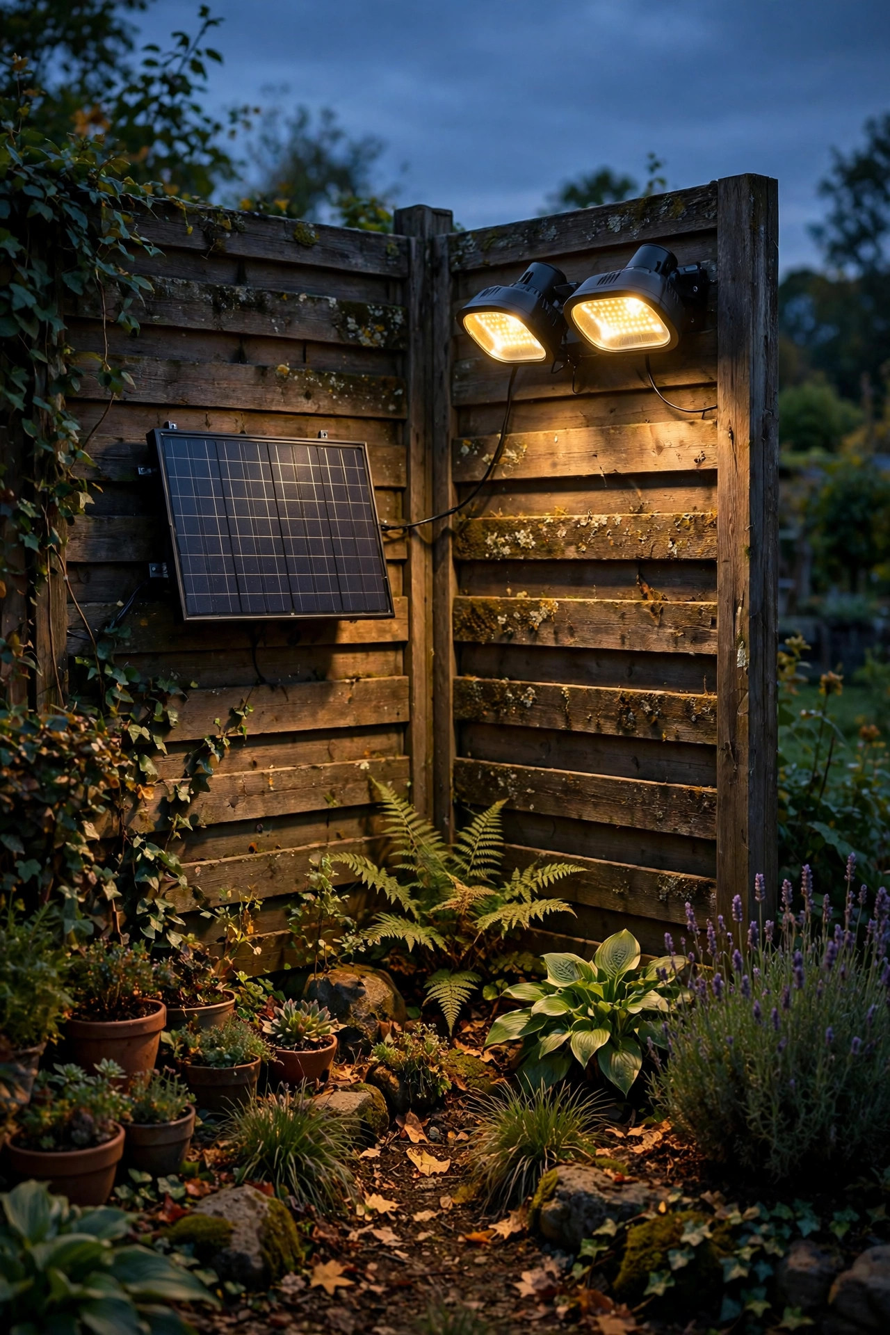 Solar dual head flood lights with a separate panel mounted on a garden fence lighting a back corner at dusk