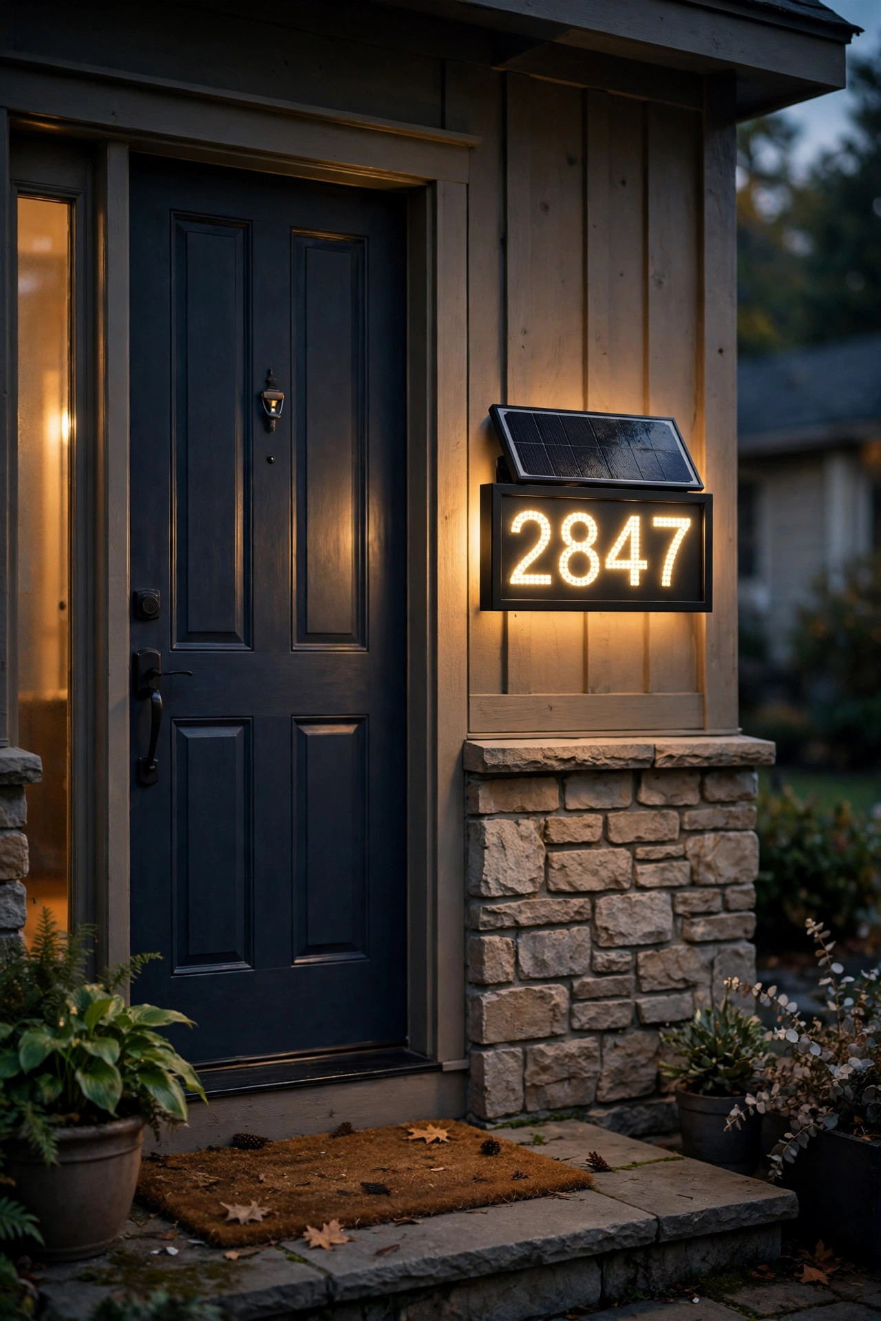 Solar powered illuminated house number sign glowing beside a front door